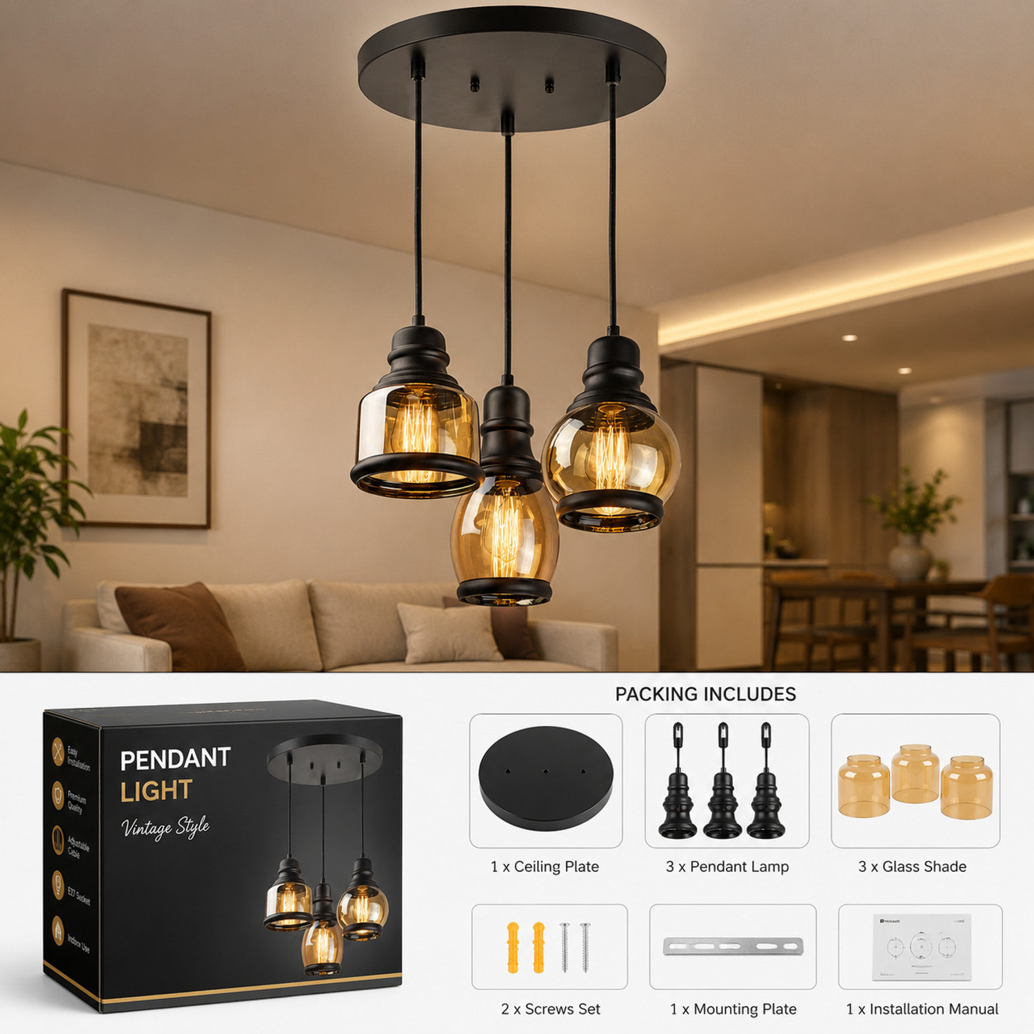 Image of Blissbells 3-Light Glass Pendant Chandelier|Hanging Lamp for Living Room, Dining Room Ceiling Light Ceiling Lamp