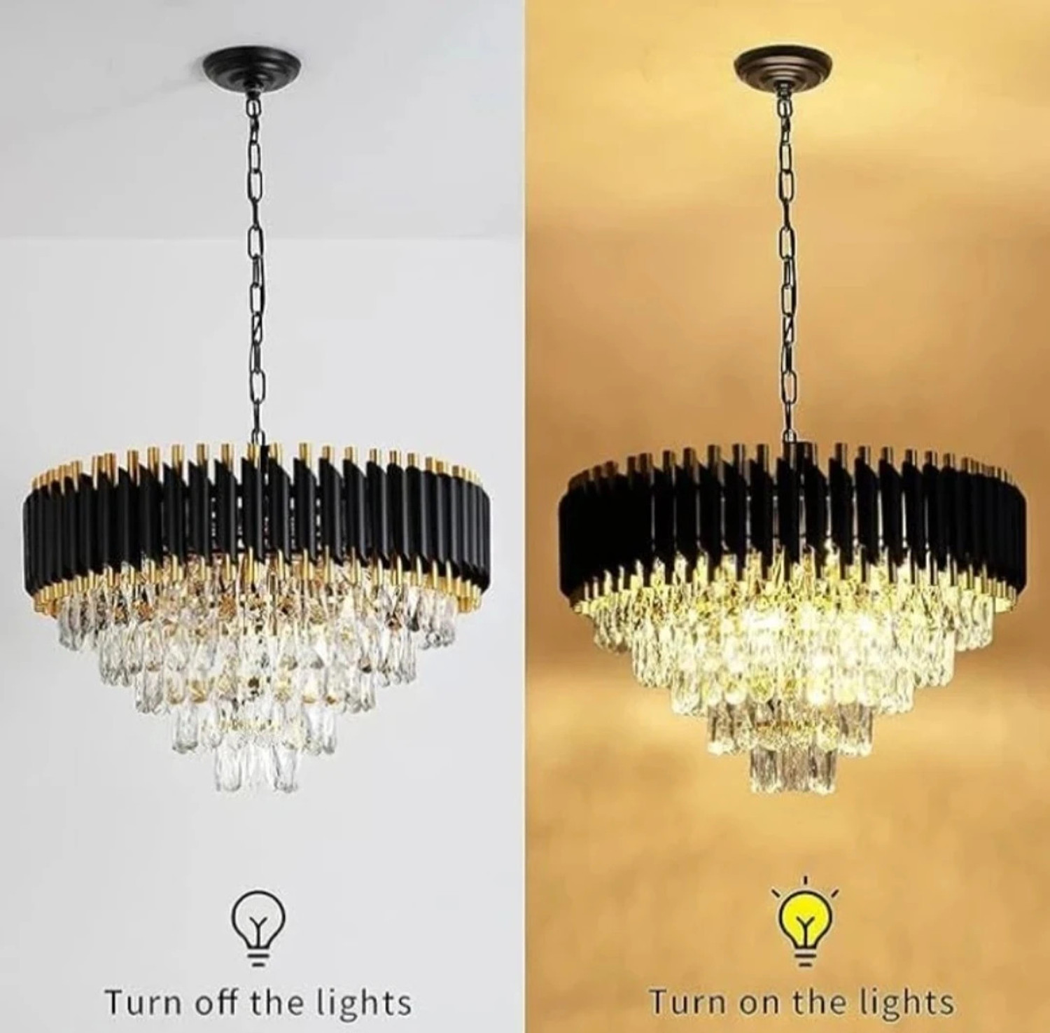 Image of KAYUV Bluetooth chandelier 600mm Black Gold color changing with Remote Moving Crystal Chandelier Ceiling Lamp