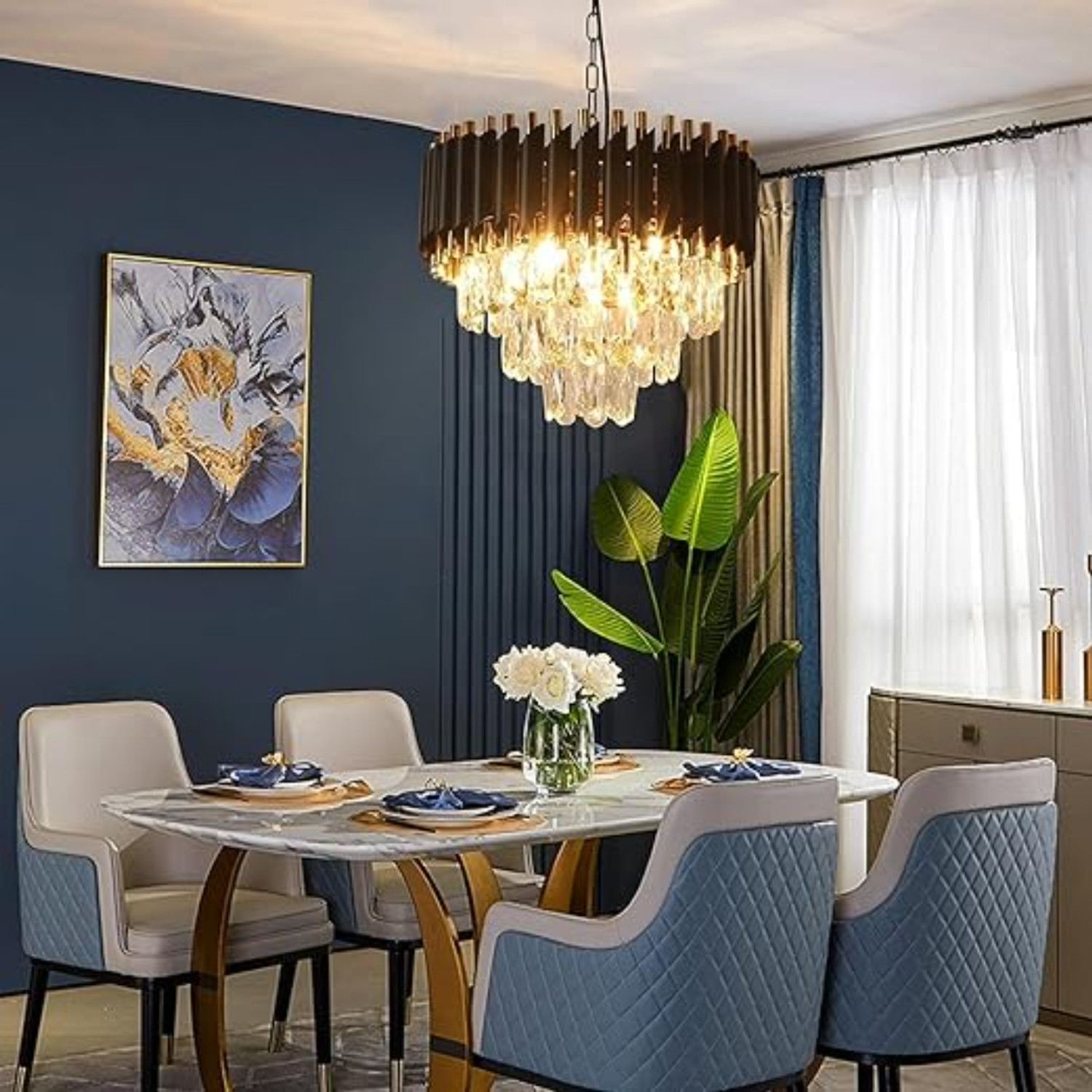 Image of Svah Luxury 3-Tiers Crystal Chandelier 300mm Gold Finish with LED Light Black-Gold Chandelier Ceiling Lamp