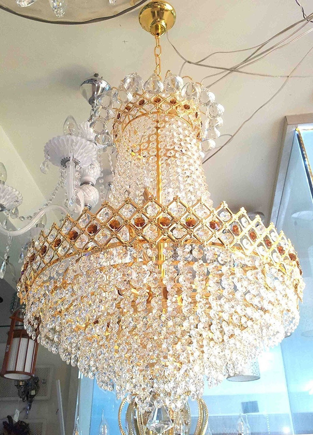 Image of Shri Mahal Antiques Crystal Big Size Jhhomar Lamp Ceiling Light For Living Room /Hall /Bed Room etc Chandelier Ceiling Lamp