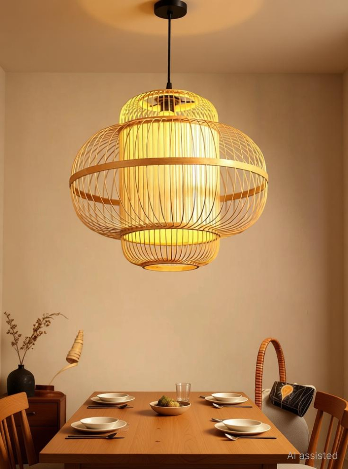 Image of INDIACRAFT Bamboo three part sticks Chandelier Ceiling Lamp