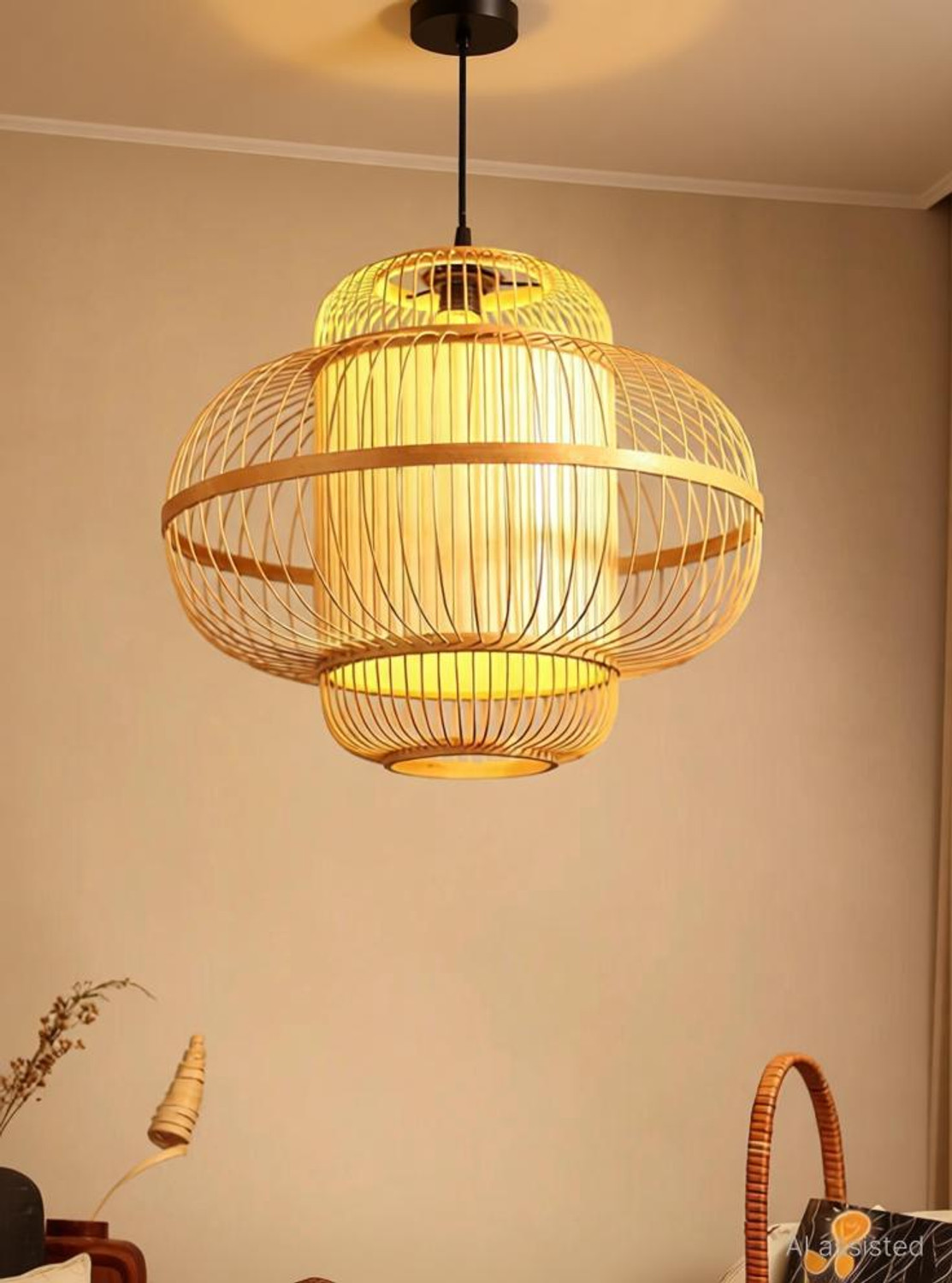 Image of INDIACRAFT Bamboo three part sticks Chandelier Ceiling Lamp