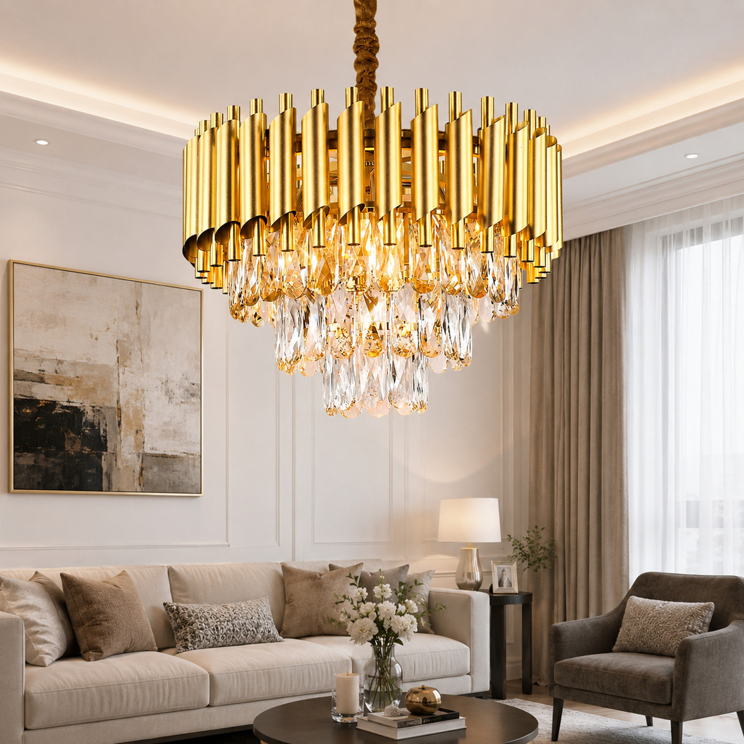 Image of Adwait 300mm Chandelier Hanging Ceiling Pendant Jhumar Ceiling Lamp (Colour, Gold ) Chandelier Ceiling Lamp