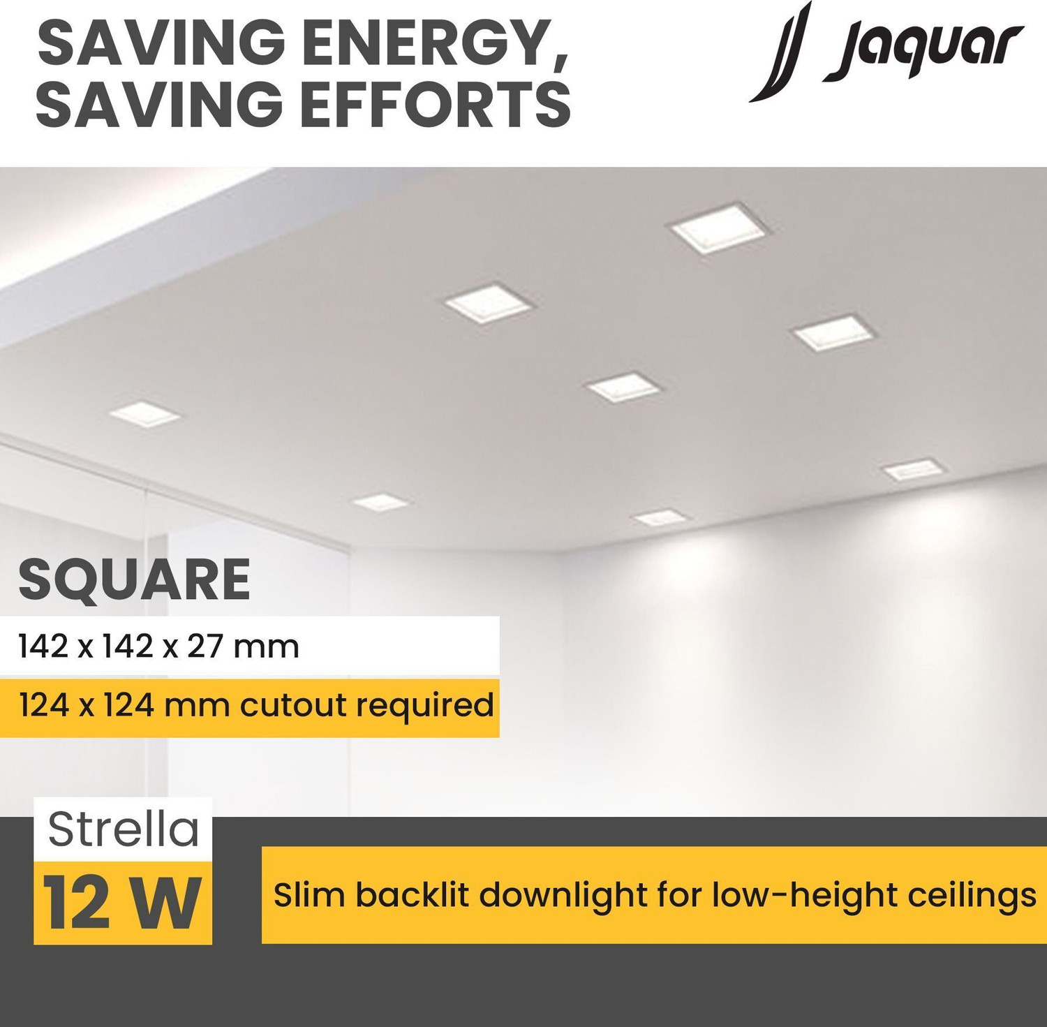 Image of Jaquar Strella Slim 12W Square Recess Down Light - Warm White (Pack of 1) Ceiling Light Ceiling Lamp