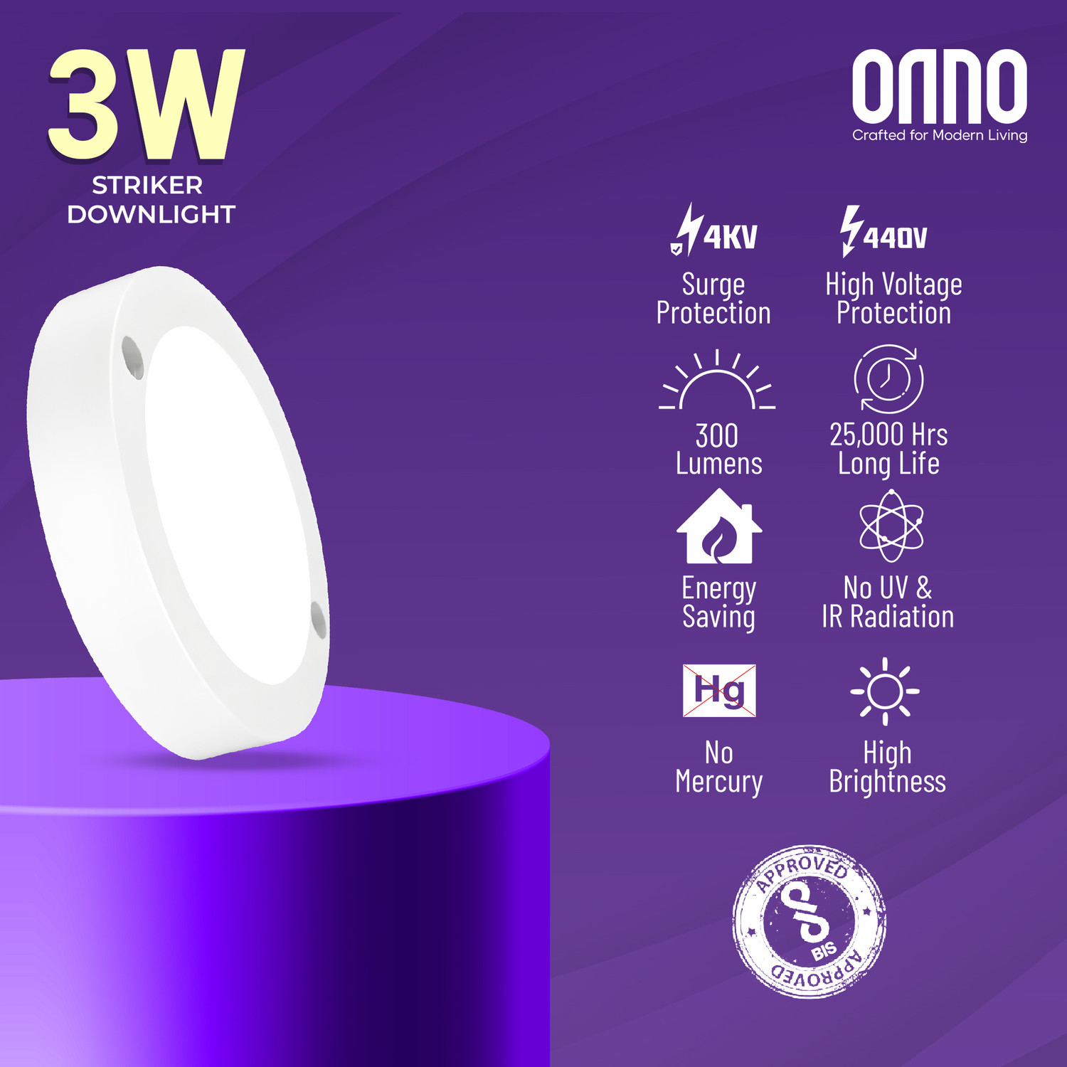 Image of ONNO 3W Striker LED Downlight - Cool White Downlighter Ceiling Lamp (White)