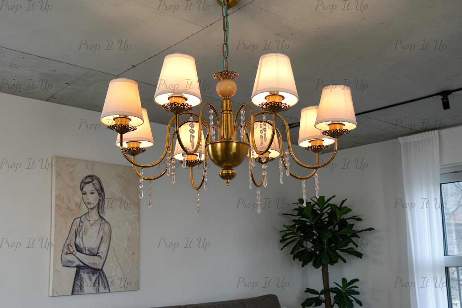 Image of Prop It Up 8 Light British Style Gold Antik Finish with Fabric Shade Pendant Hanging Light Chandelier Ceiling Lamp