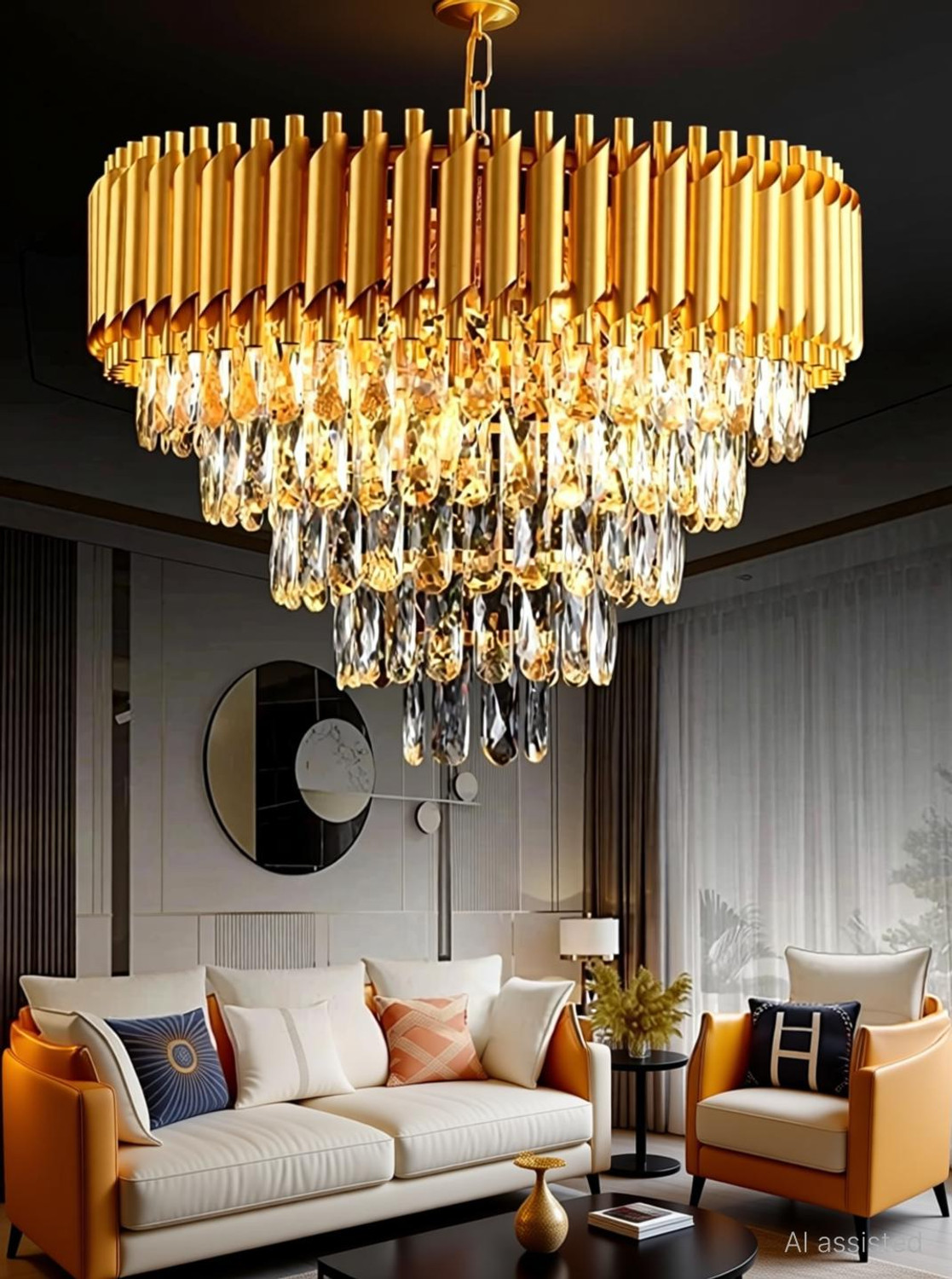 Image of Yavik K9 Crystal Piyor gold polish metal 600mm chandelier hanging ceiling jhoomar Chandelier Ceiling Lamp