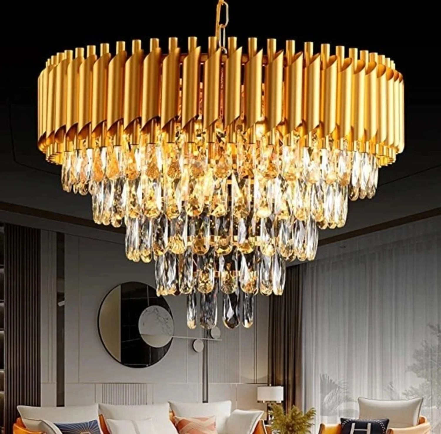 Image of Yavik K9 Crystal Piyor gold polish metal 600mm chandelier hanging ceiling jhoomar Chandelier Ceiling Lamp
