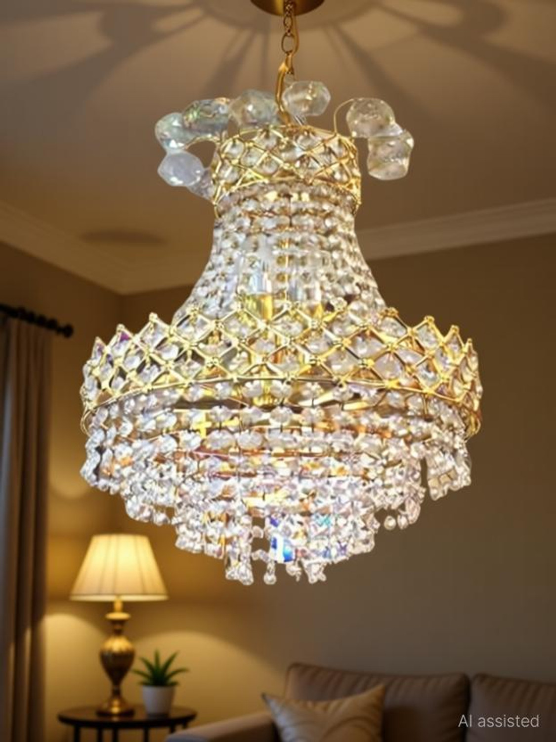 Image of Shri Mahal Antiques Orginal K /9 Diamond Crystal Hanging Light Chandelier Ceiling Lamp