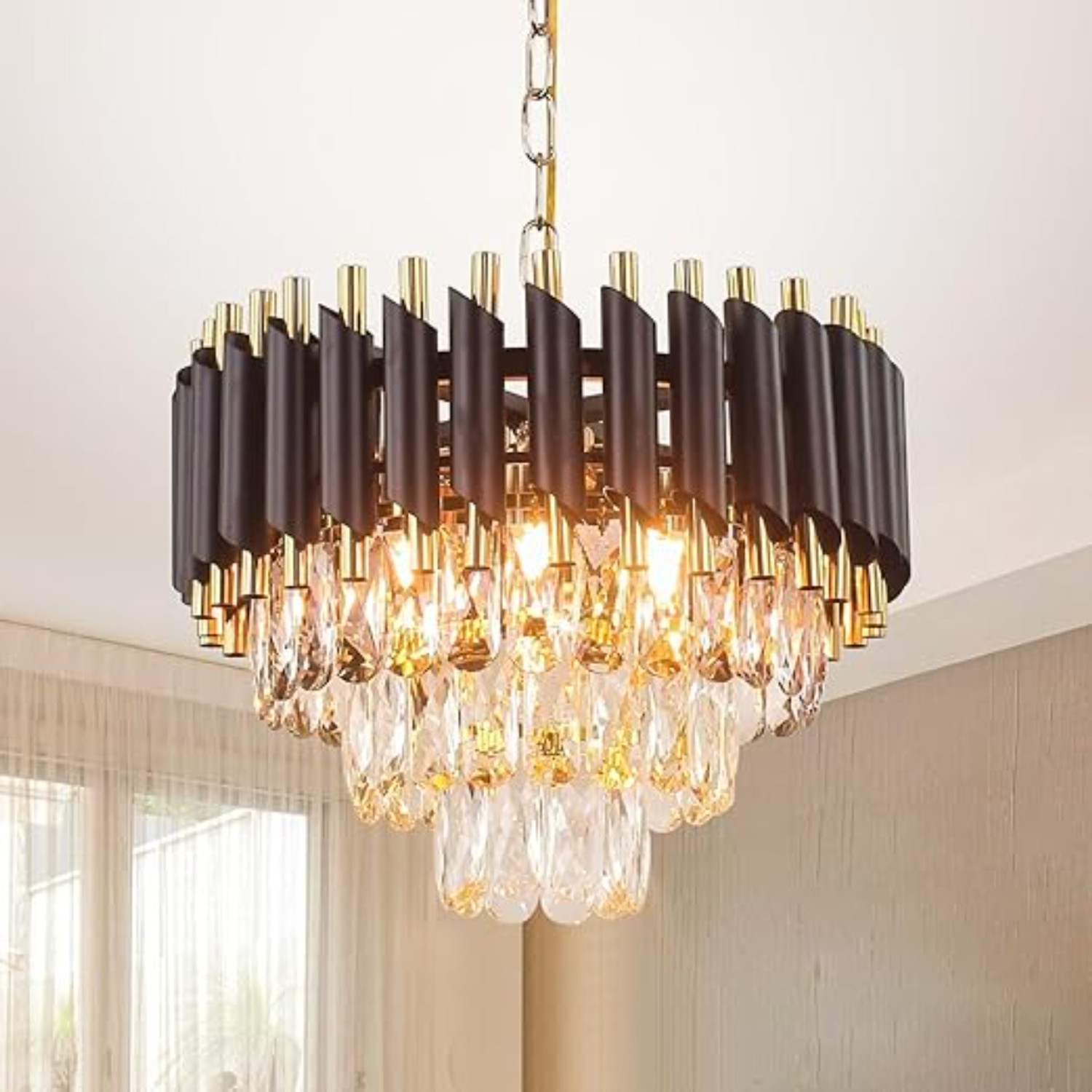 Image of Svah Luxury 3-Tiers Crystal Chandelier 300mm Gold Finish with LED Light Black-Gold Chandelier Ceiling Lamp
