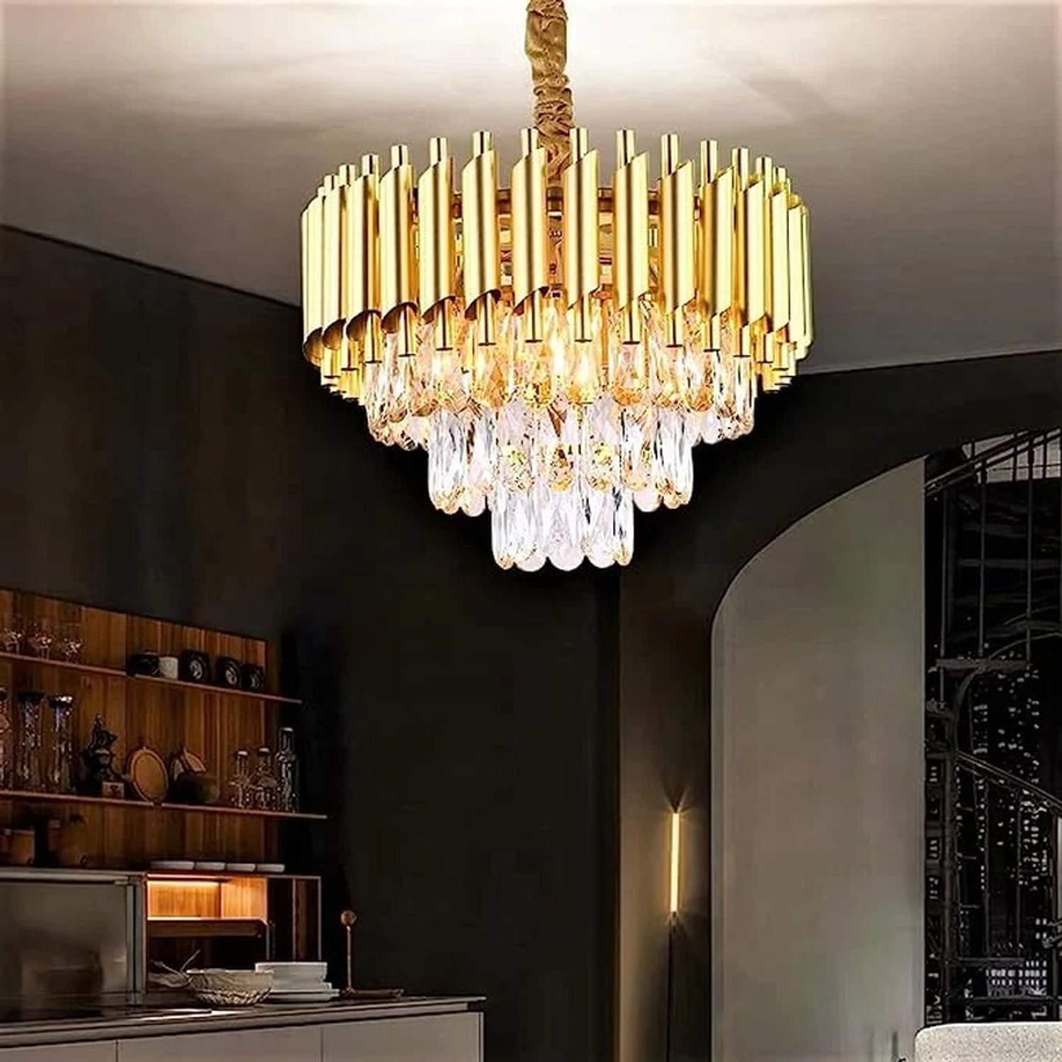 Image of Svah crystal Gold polish metal 400mm (L-40, B-40, H-75 Cm) hanging pendant jhoomer Chandelier Ceiling Lamp