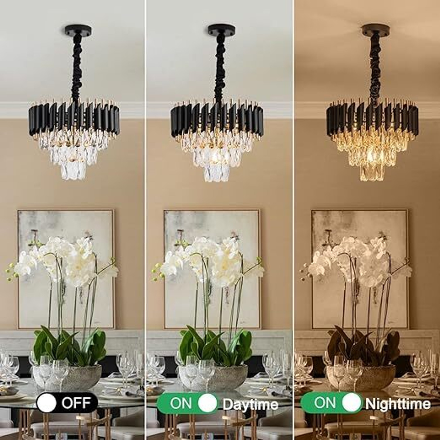 Image of Svah Luxury 3-Tiers Crystal Chandelier 400mm Gold Finish with LED Light Black-Gold Chandelier Ceiling Lamp