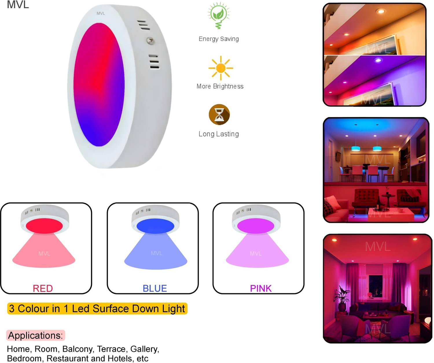 MVL 9W 3-in-1 Multicolour Surface Panel LED Light, Pack of 3 - Image 2