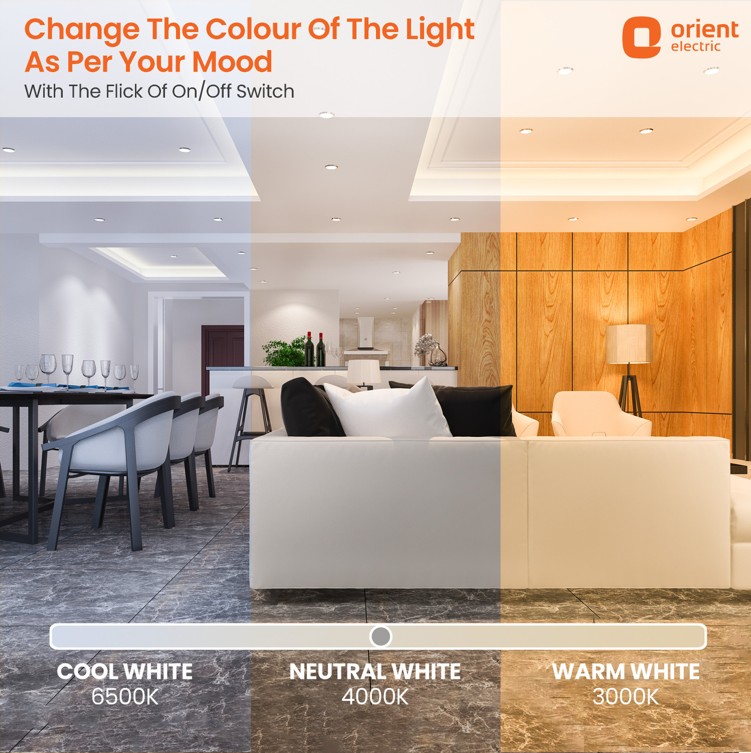 Image of Orient Electric Moodlight Recess Panel 10W, 3 in 1 , Round-Pack of 4 Recessed Ceiling Lamp