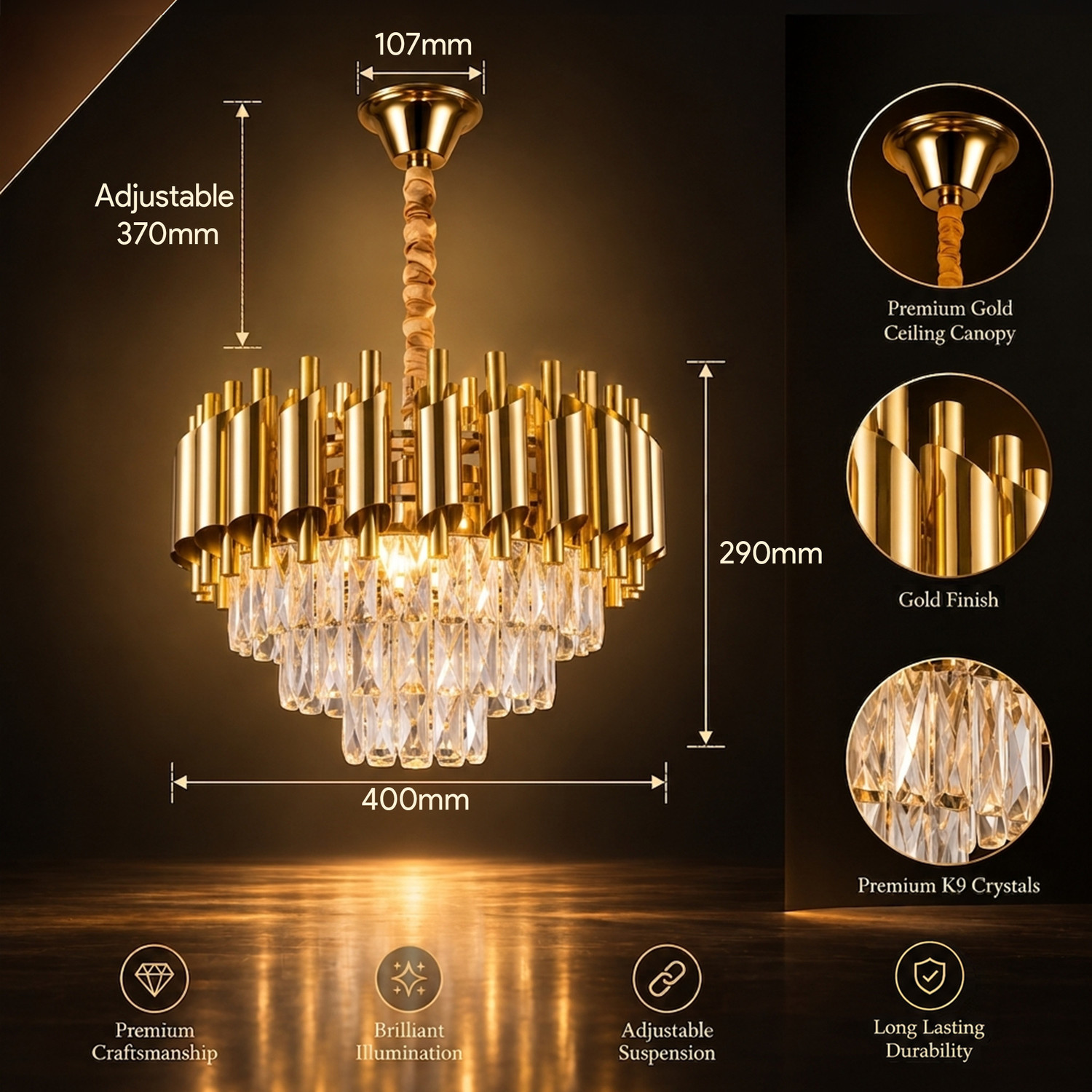 Image of MURPHY Golden Mamba Gold Crystal Pendant Light with Metal Frame(400MM) Chandelier Ceiling Lamp (Gold)