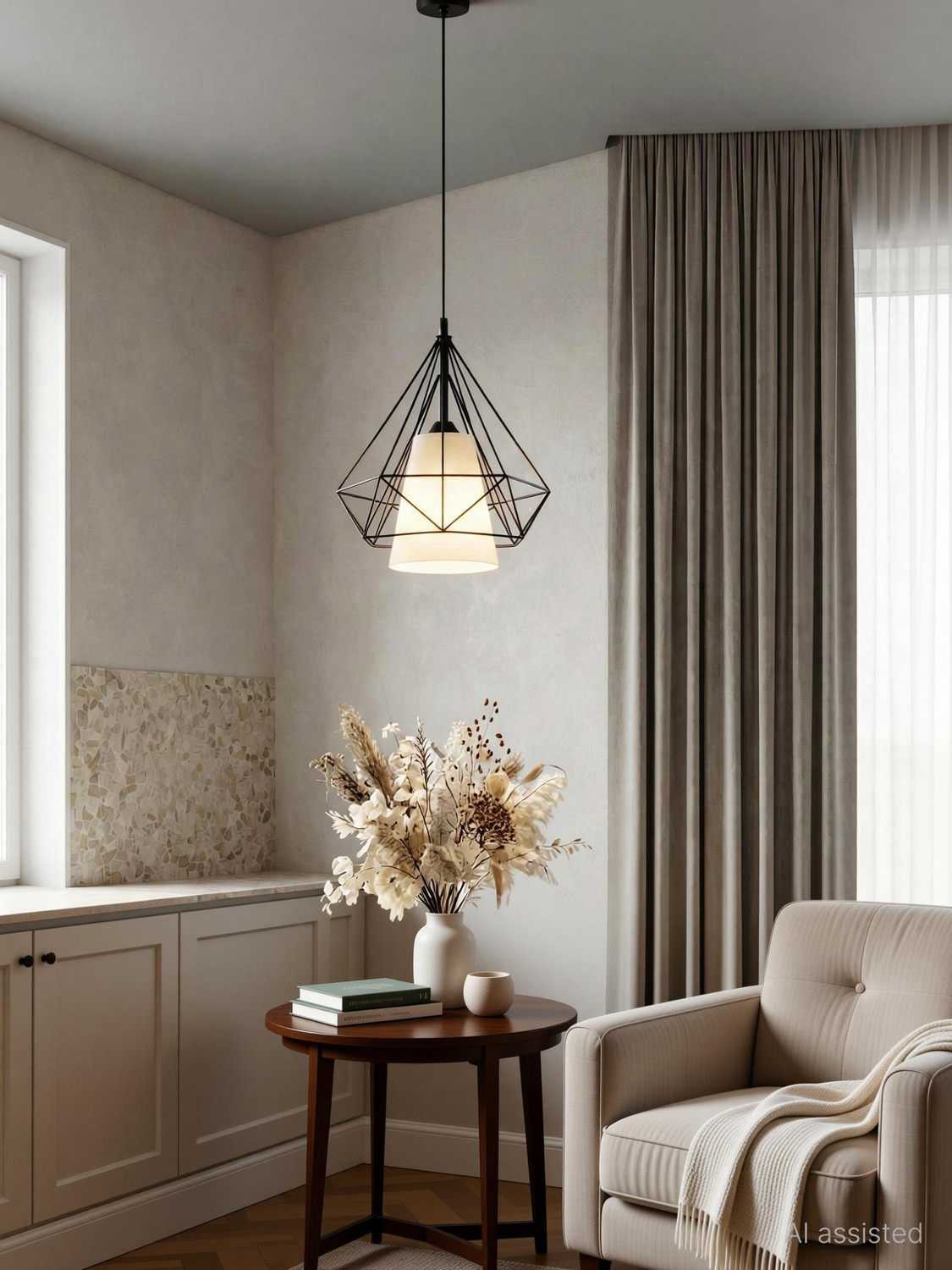 Image of DECORLIA EMPORIO Diamond Ceiling Lamp with LED Bulb -Fabric Inner Shade Pendants Ceiling Lamp
