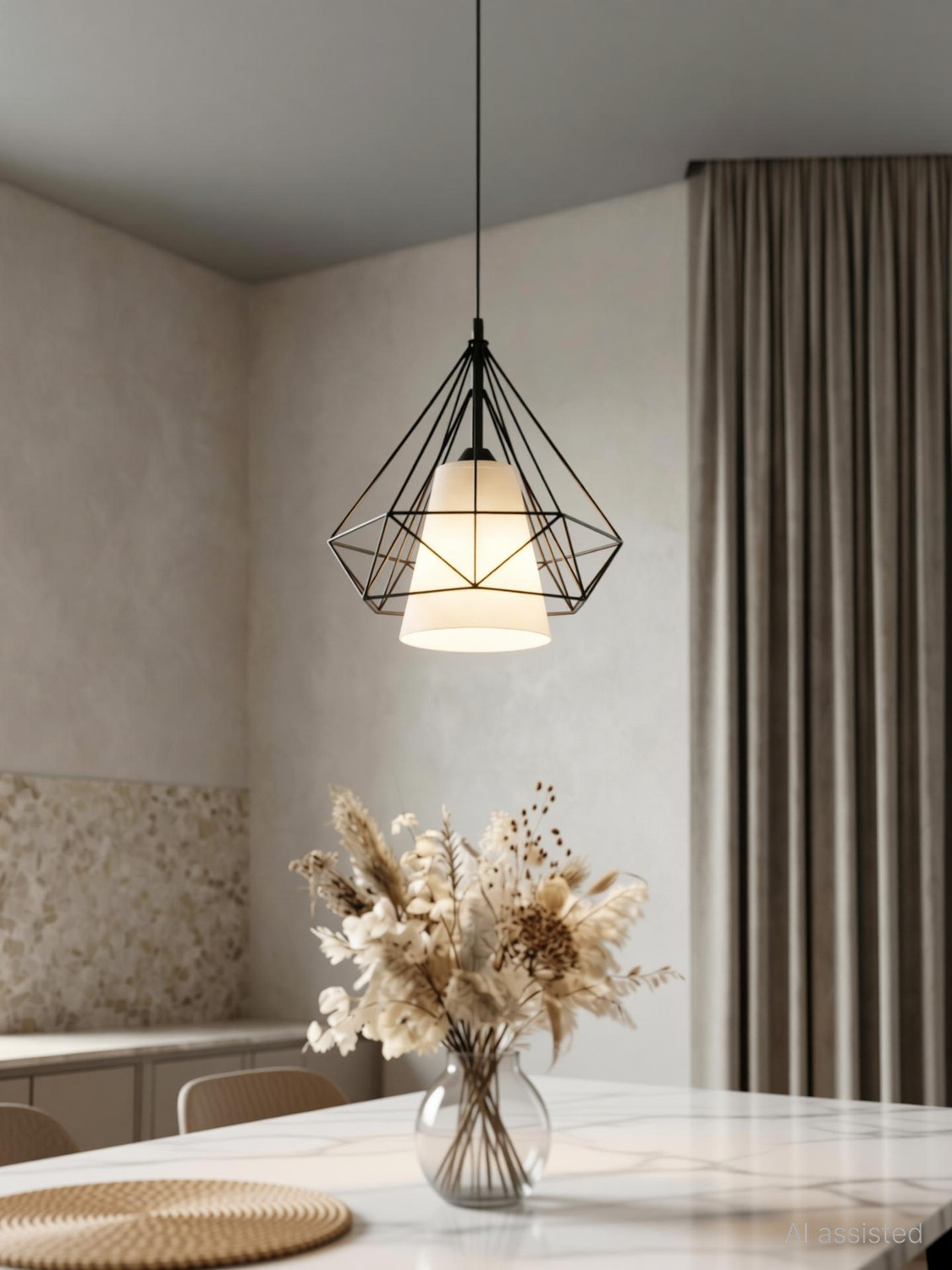 Image of DECORLIA EMPORIO Diamond Ceiling Lamp with LED Bulb -Fabric Inner Shade Pendants Ceiling Lamp