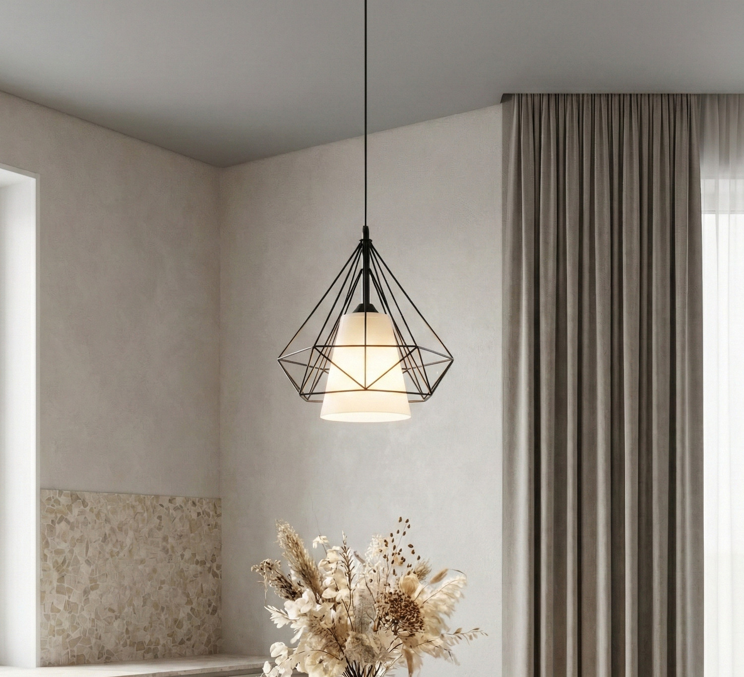 Image of DECORLIA EMPORIO Diamond Ceiling Lamp with LED Bulb -Fabric Inner Shade Pendants Ceiling Lamp