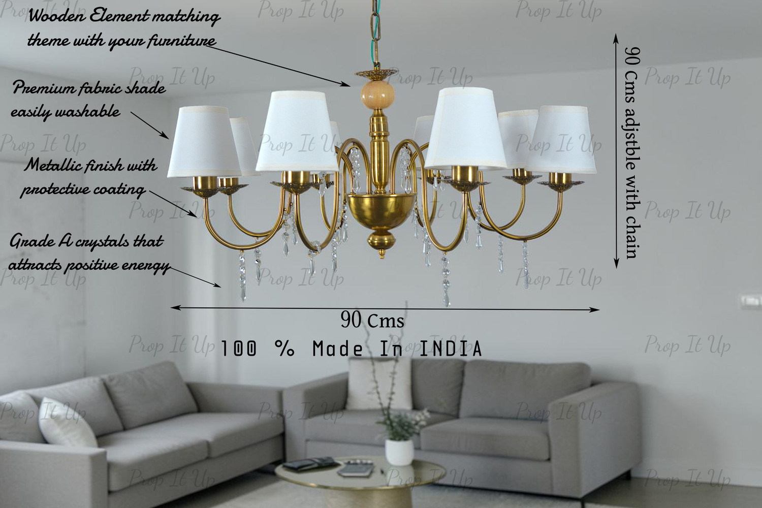 Image of Prop It Up 8 Light British Style Gold Antik Finish with Fabric Shade Pendant Hanging Light Chandelier Ceiling Lamp