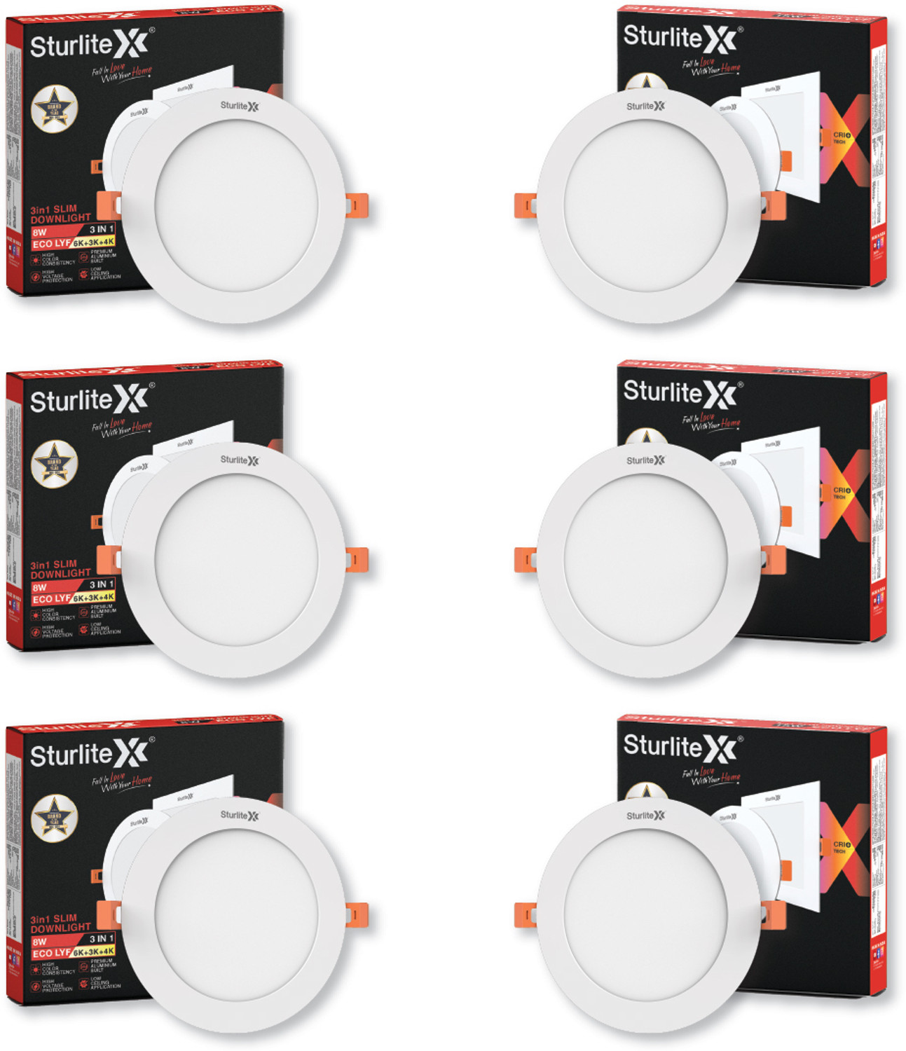 Image of Sturlite Eco LYF 8W (3 in1) Round LED Downlight - (Pack of 6) Ceiling Light Ceiling Lamp
