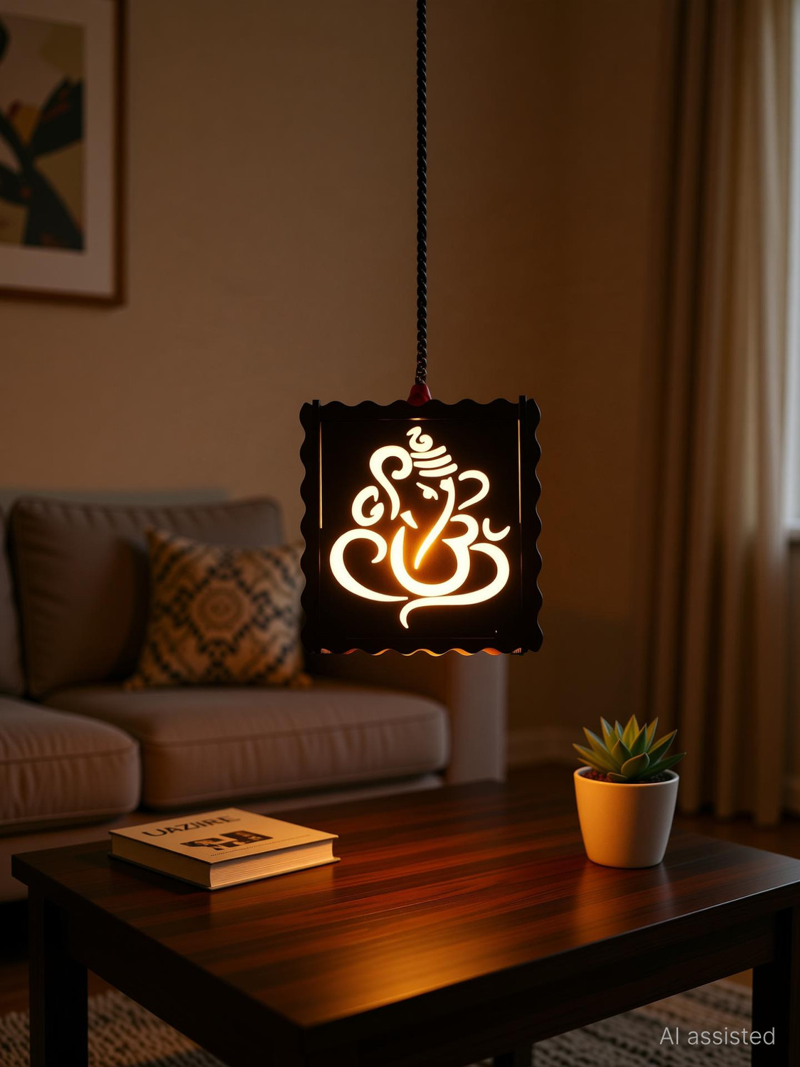 Image of US DZIRE 509 Ganesh craft Ceiling light wooden lamp shade (With Bulb) Hanging Night Lamp For Home Decor living room office hotel cafe Restaurant etc. Pendant Lamp Ceiling Lamp