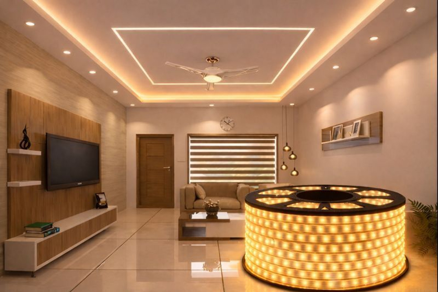Image of Hybrix LED Ceiling Light (6 Mtr. Roll) Cove Rope Light, Strip Light, Double Row SMD 5730 LED (72 LEDs /Mtr), Waterproof IP67 & Flexible With AC Adaptor Plug, Direct 220v AC, Natural Warm White Color. Recessed Ceiling Light Ceiling Lamp