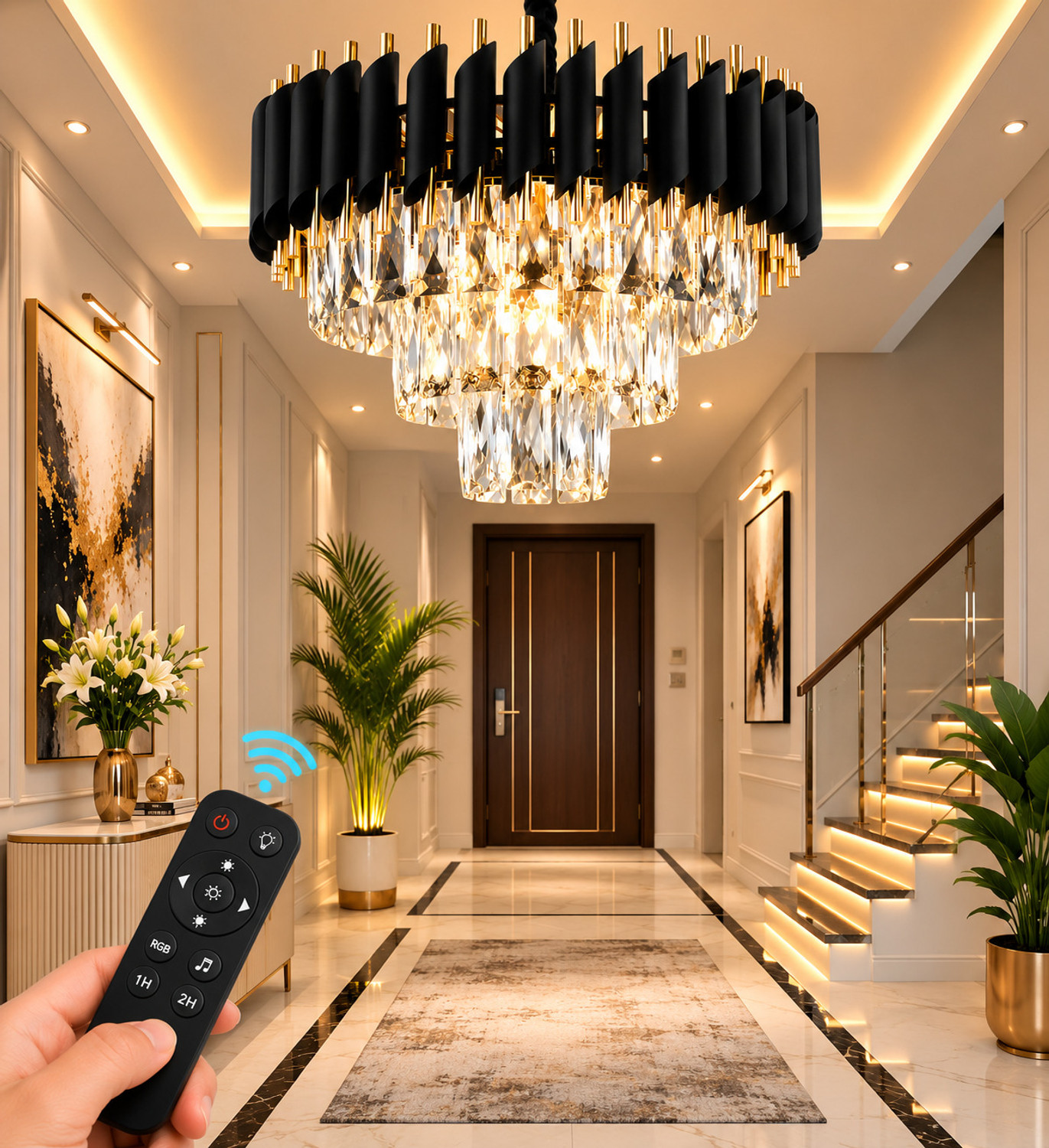 Adwait 400MM Modern Moving LED Crystal Chandelier with Remote Control (Black,Gold) Chandelier Ceiling Lamp