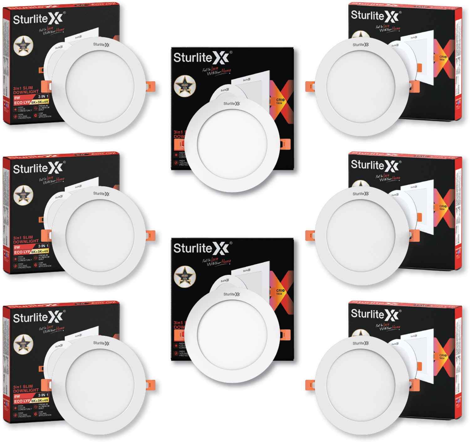 Image of Sturlite Eco LYF 8W (3 in1) Round LED Downlight - (Pack of 8) Ceiling Light Ceiling Lamp