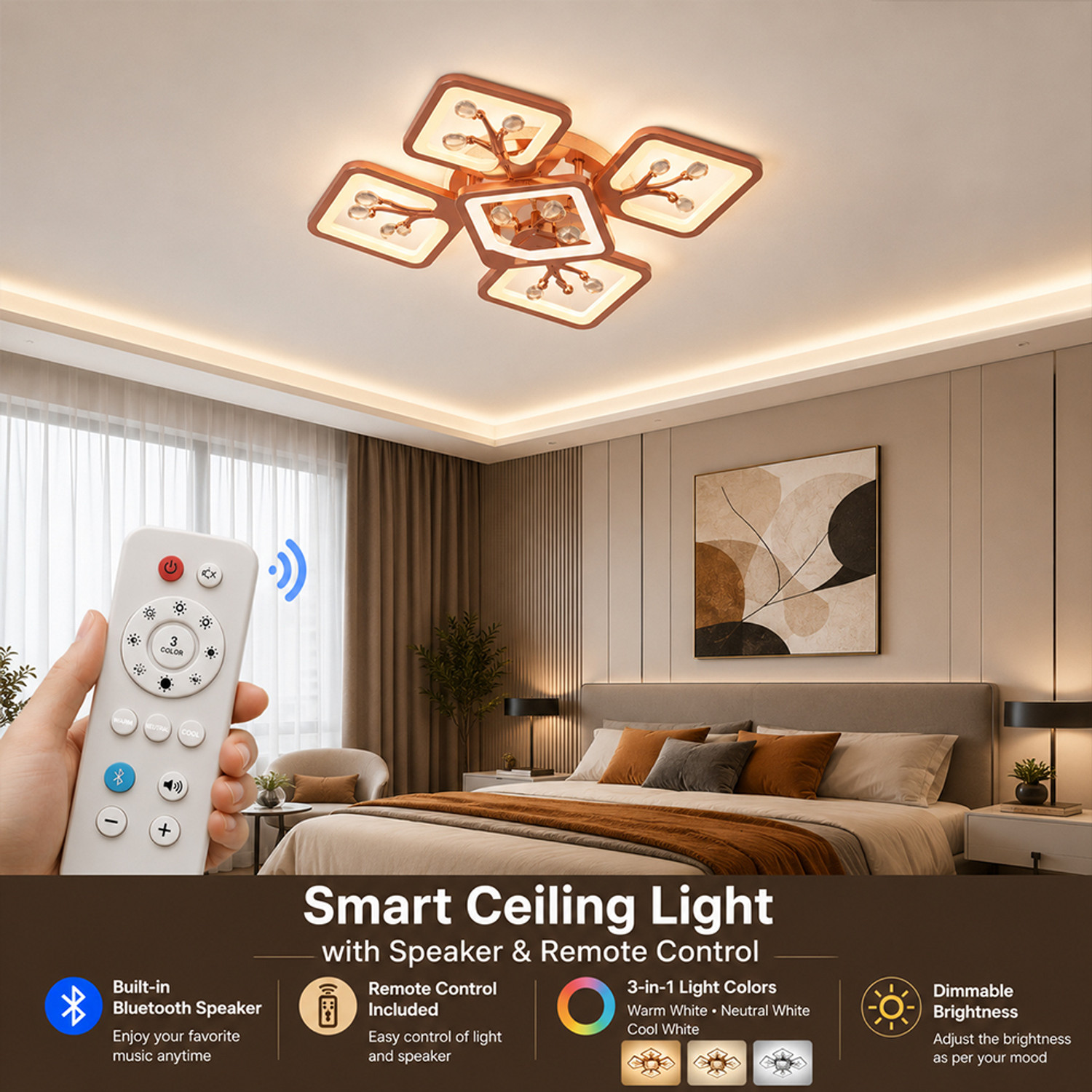 Image of Eve Hanger EVE HANGER Rose Gold 3in1 Remote Chandelier with Bluetooth Speaker Chandelier Ceiling Lamp