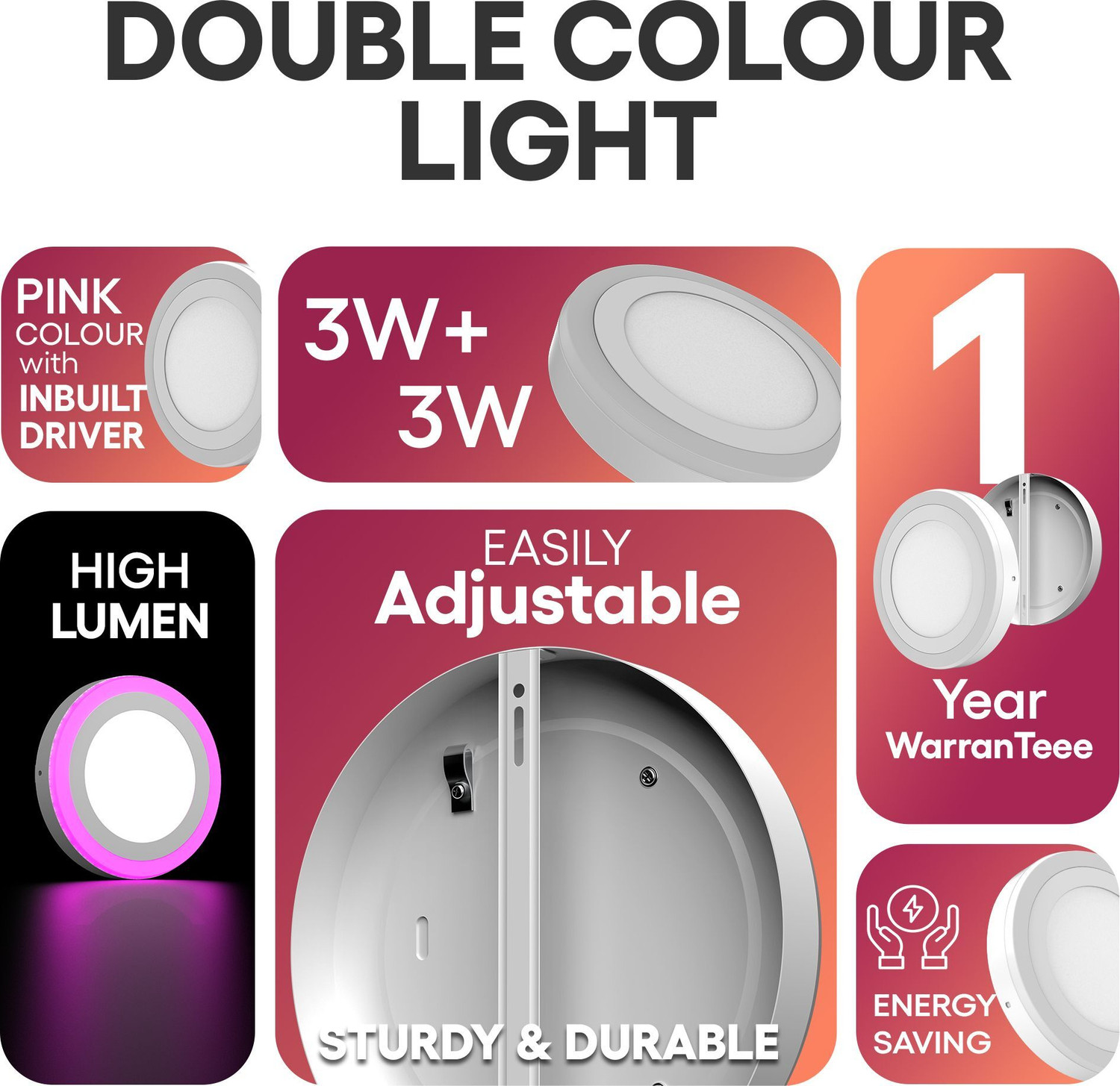 Image of ELLEYS Chroma 3 IN 1 ( 3W + 3W) White + Pink Color Round LED Surface Light | Pack of 2 Surface Ceiling Light Ceiling Lamp