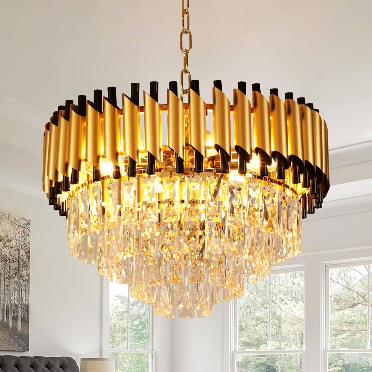 Adwait Black Gold Chandelier Ceiling Light Modern 4-Tier Crystal Chandelier ( 500mm ) Chandelier Ceiling Lamp