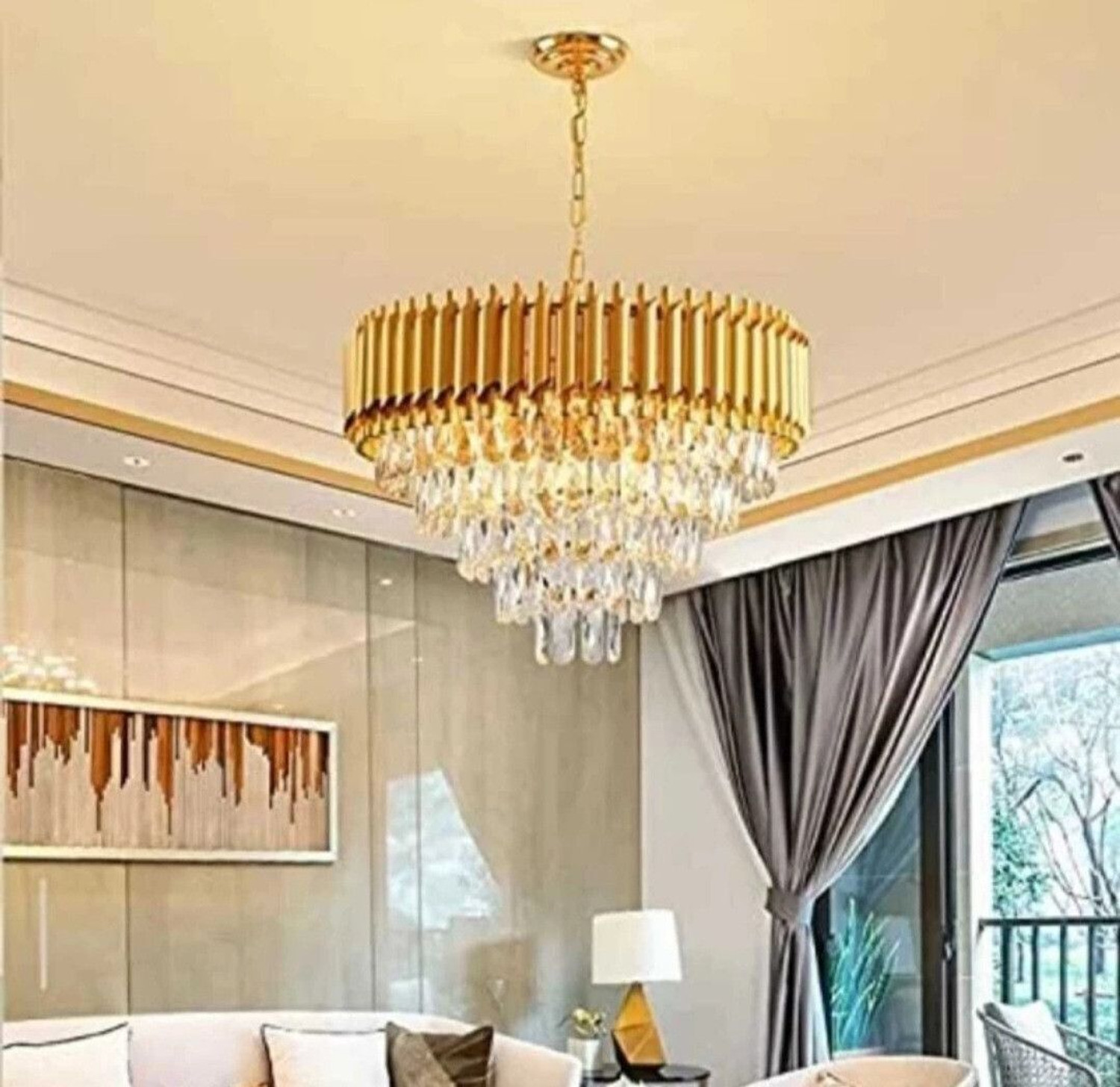 Image of Yavik K9 Crystal Piyor gold polish metal 600mm chandelier hanging ceiling jhoomar Chandelier Ceiling Lamp