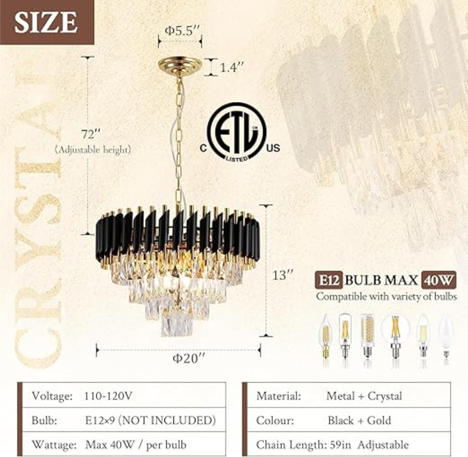 Image of Svah Luxury 4-Tiers Crystal Chandelier 500mm Gold Finish with LED Light Black-Gold Chandelier Ceiling Lamp
