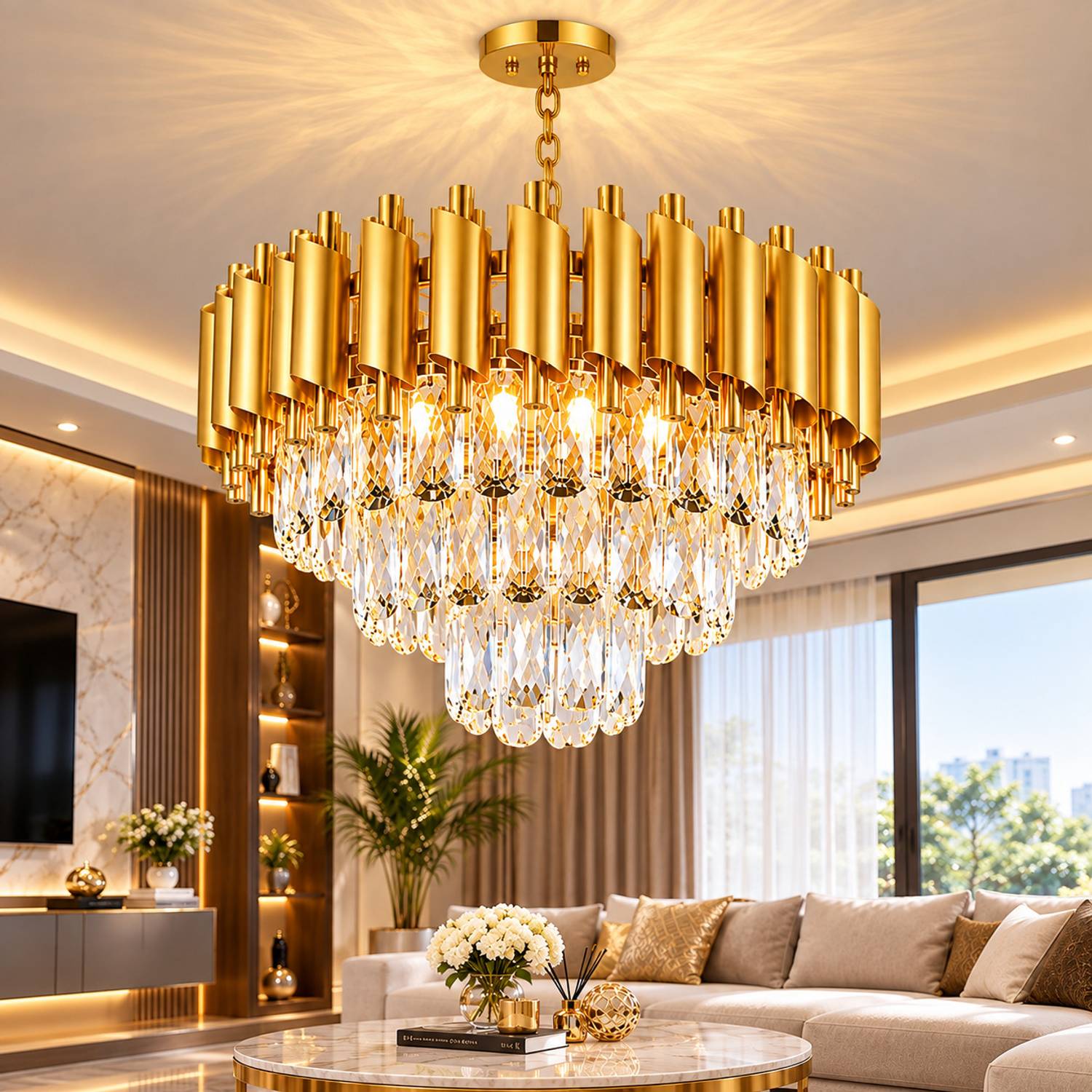 Adwait crystal gold polish metal 400mm chandelier hanging ceiling pendant jhoomer Chandelier Ceiling Lamp