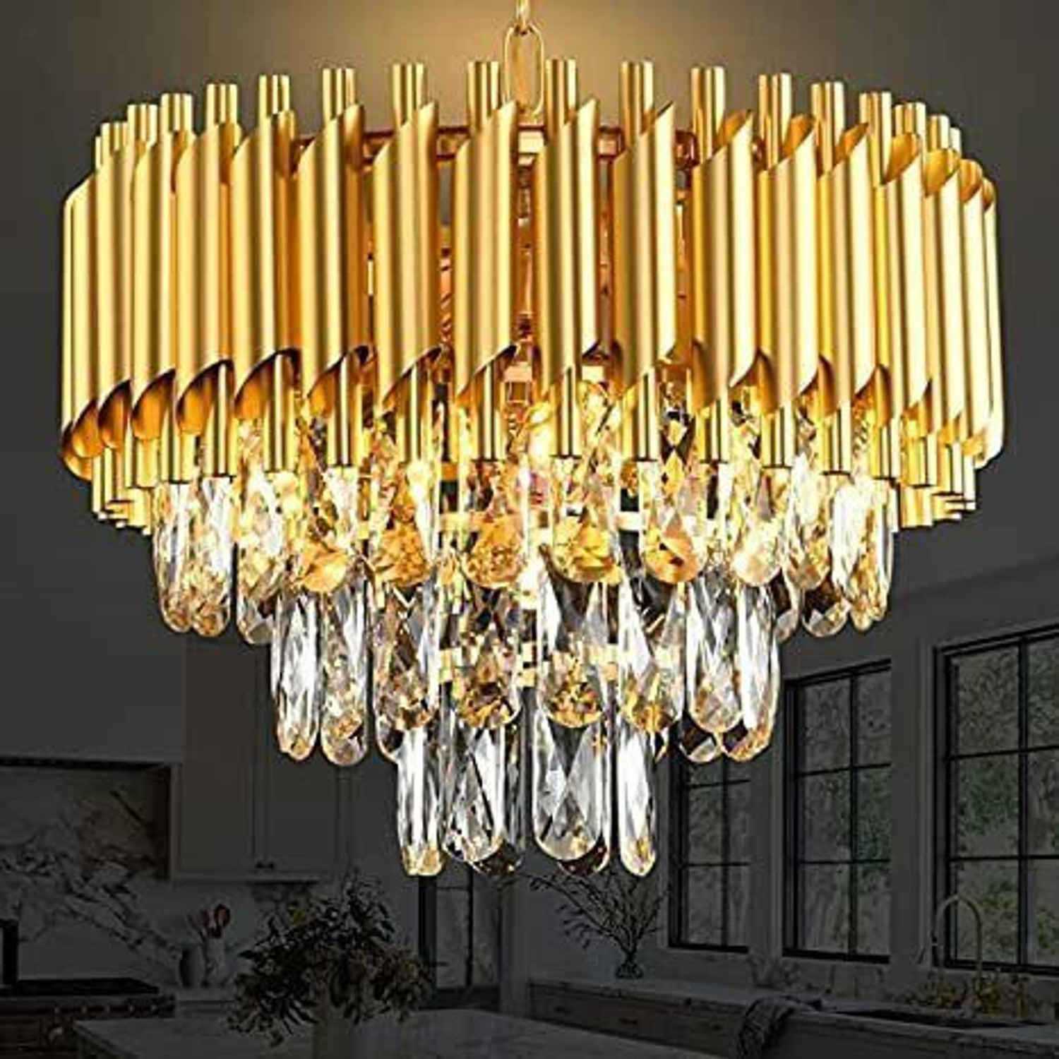 Image of Nevika Gold Italian K9 Crystal 500mm Metal Hanging Chandilier for Living room ETC Chandelier Ceiling Lamp (Gold)