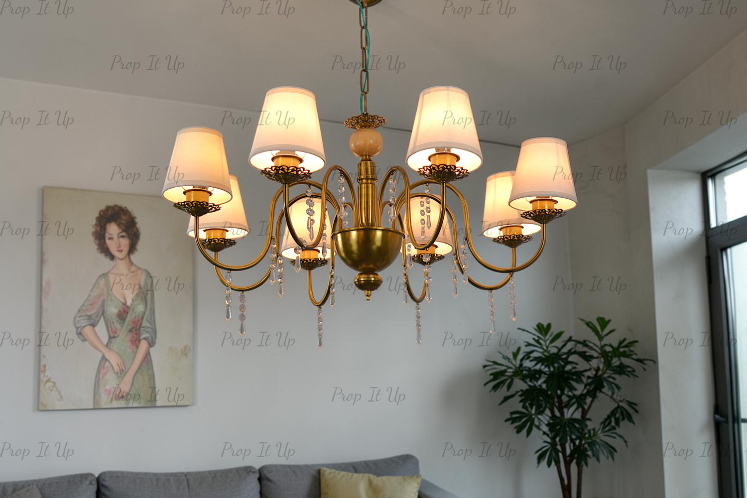 Image of Prop It Up 8 Light British Style Gold Antik Finish with Fabric Shade Pendant Hanging Light Chandelier Ceiling Lamp