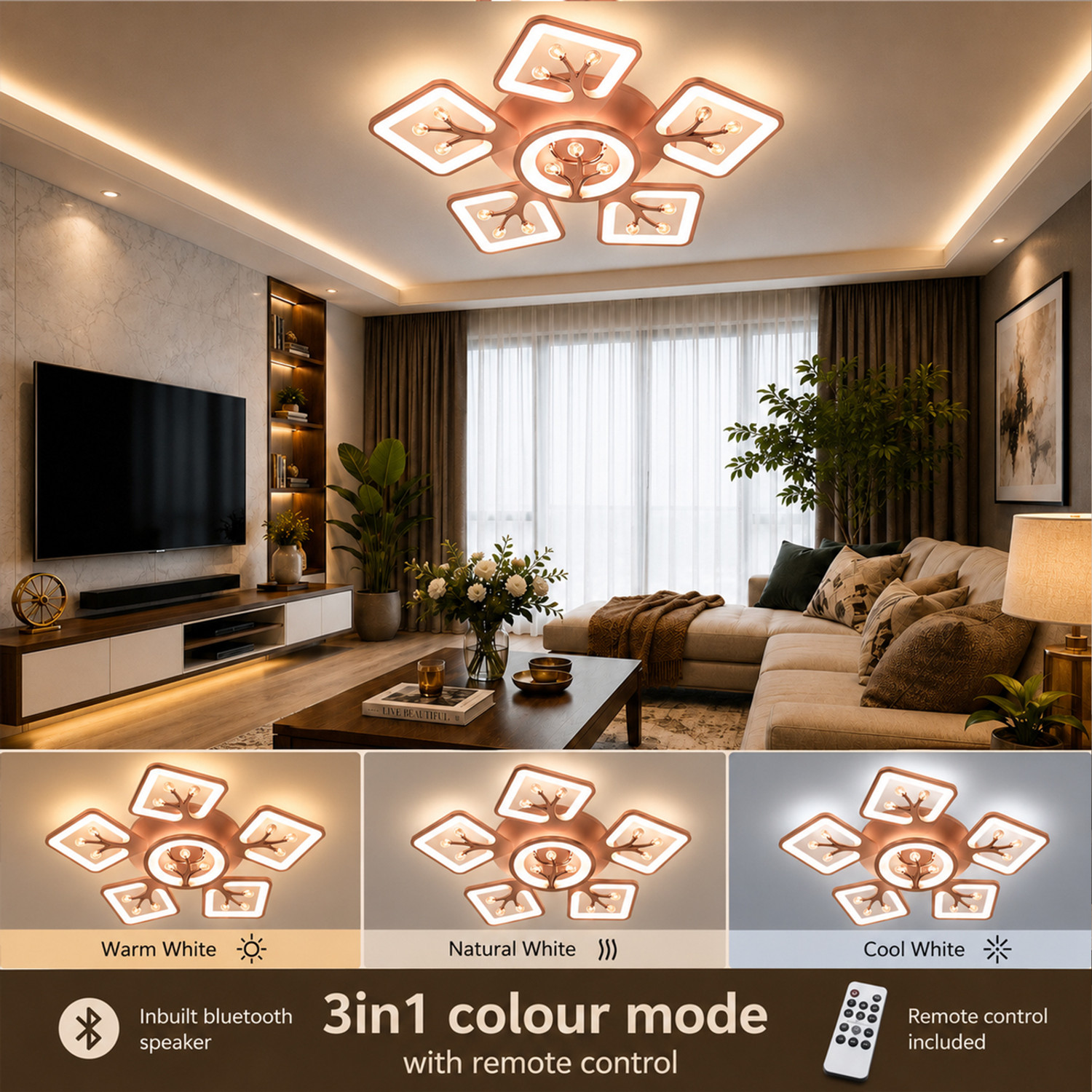 Image of Eve Hanger Rose Gold 5+1 JhumerRemote control and Bluetooth speaker inbuilt Chandelier Ceiling Lamp