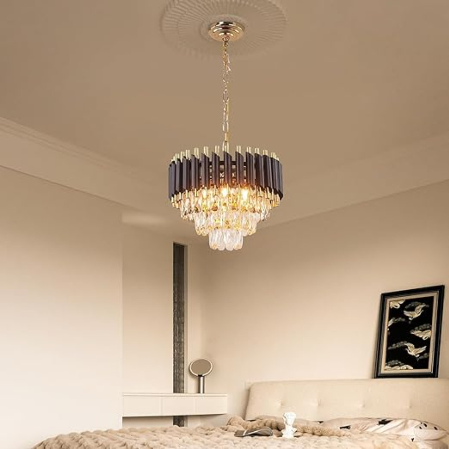 Image of Svah Luxury 3-Tiers Crystal Chandelier 300mm Gold Finish with LED Light Black-Gold Chandelier Ceiling Lamp