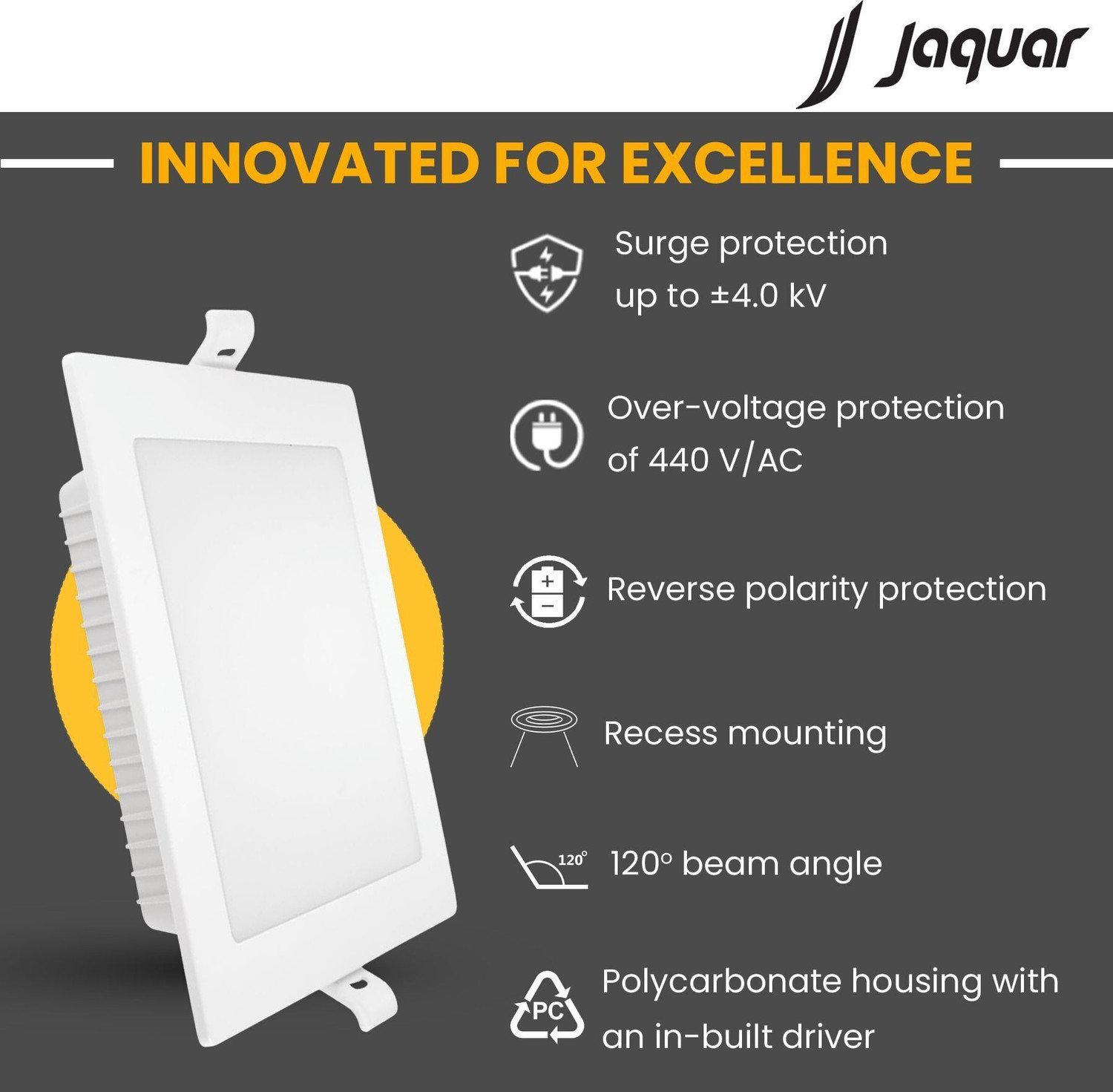 Image of Jaquar Strella Slim 12W Square Recess Down Light - Warm White (Pack of 1) Ceiling Light Ceiling Lamp