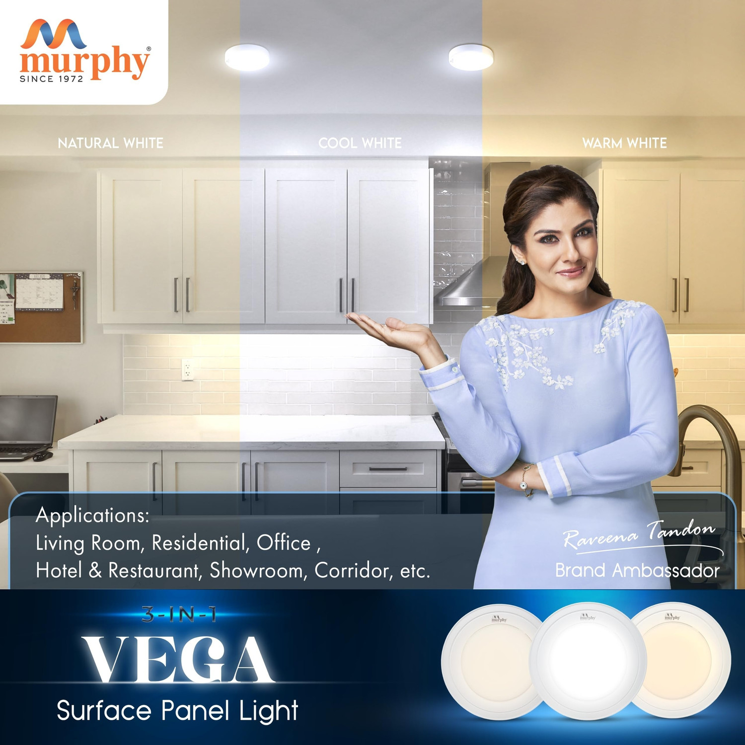 Image of MURPHY 15W Vega 3-in-1 LED Panel (Cool White /Warm White /Natural White, Pack of 1) Ceiling Light Ceiling Lamp