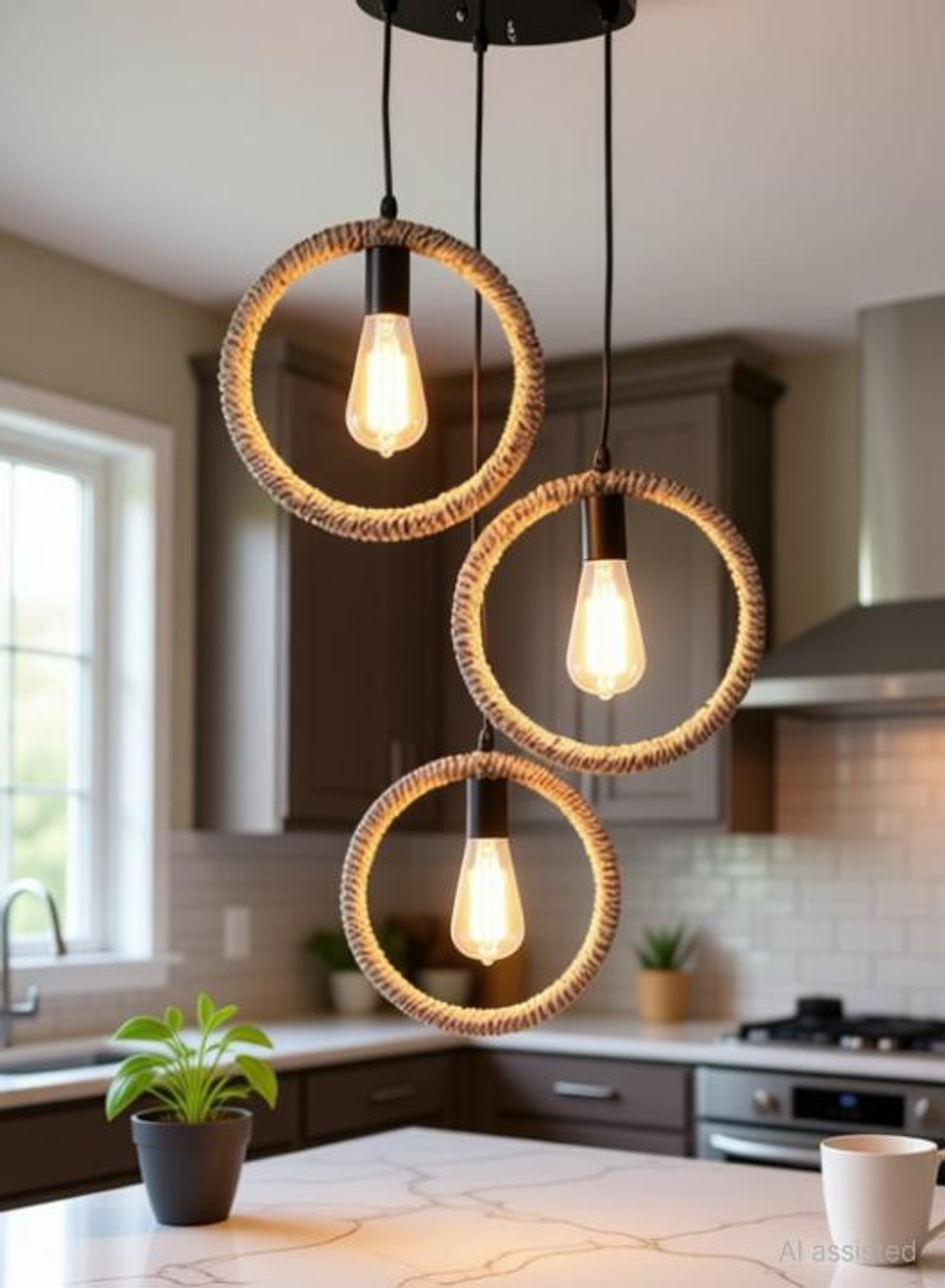 Image of DENICRAAS Metal Pendant Light Industrial 3 Light Rope Hanging Rope in circle Lamp in Black Pendant Lamp Ceiling Lamp