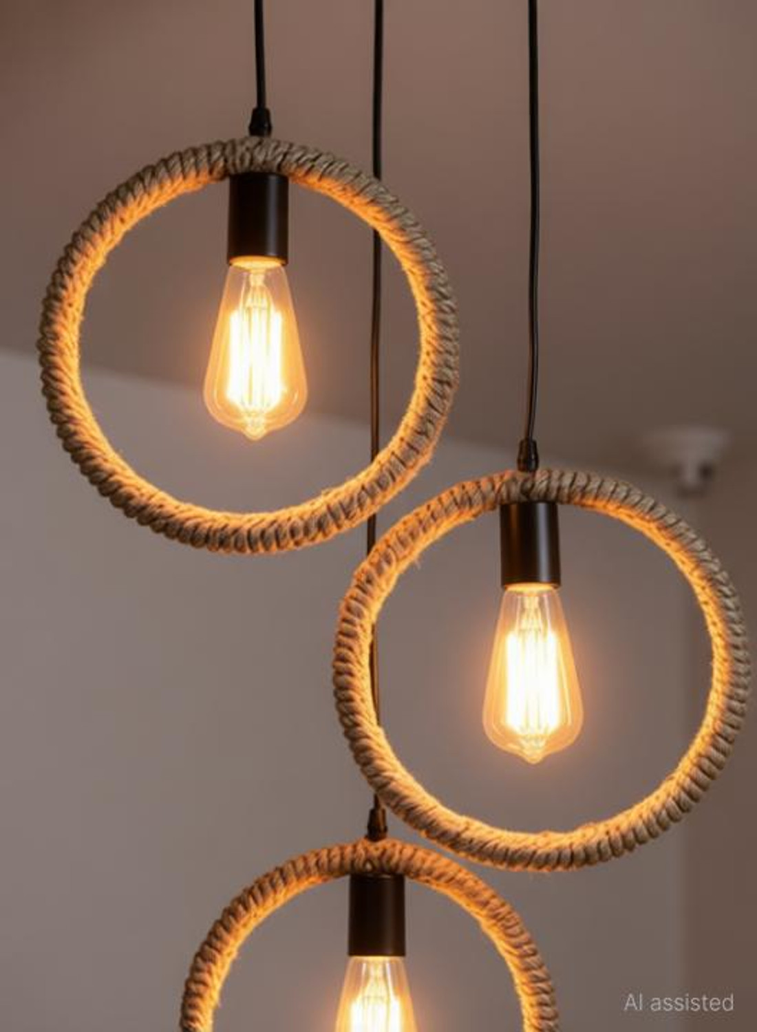 Image of DENICRAAS Metal Pendant Light Industrial 3 Light Rope Hanging Rope in circle Lamp in Black Pendant Lamp Ceiling Lamp