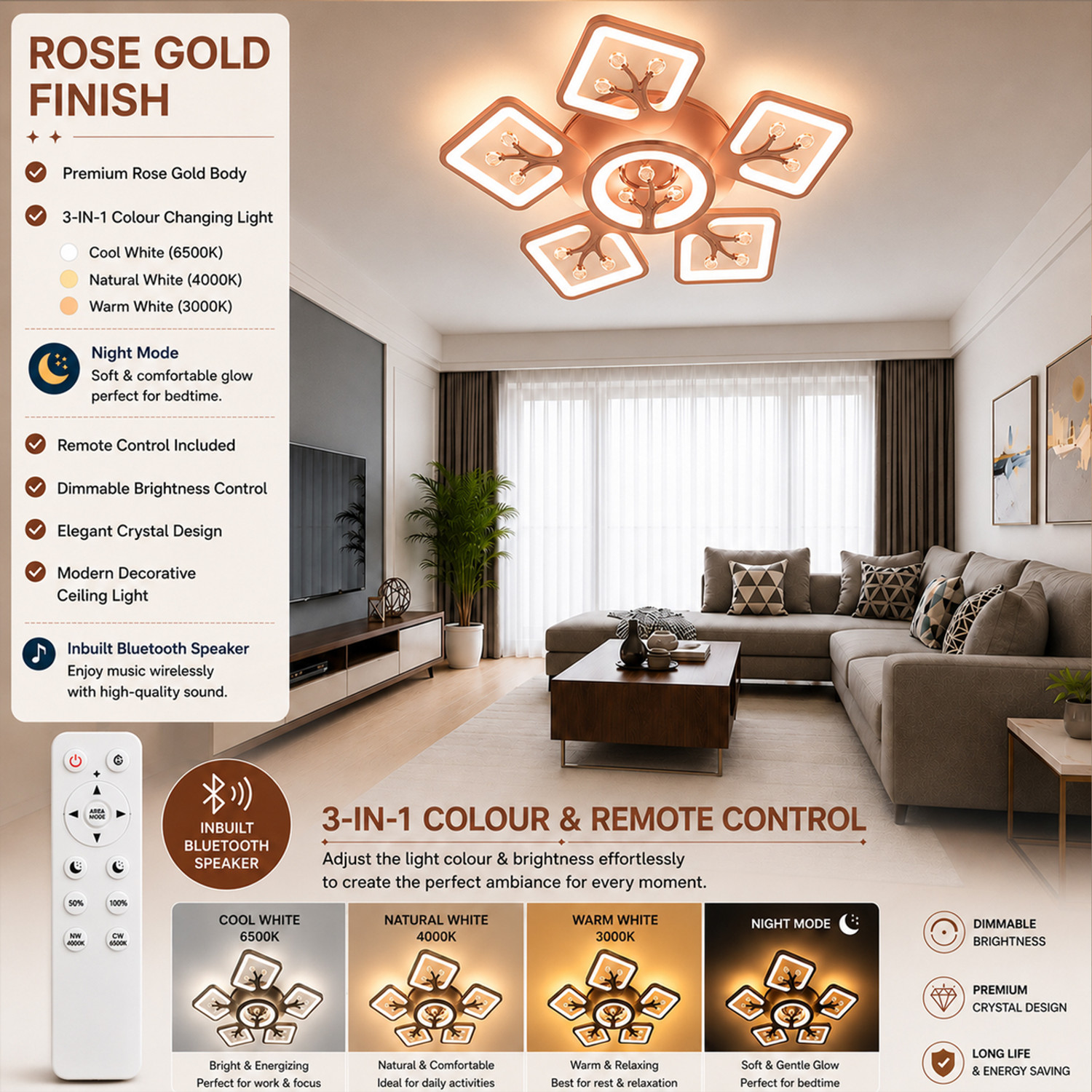 Image of Eve Hanger Rose Gold 5+1 JhumerRemote control and Bluetooth speaker inbuilt Chandelier Ceiling Lamp