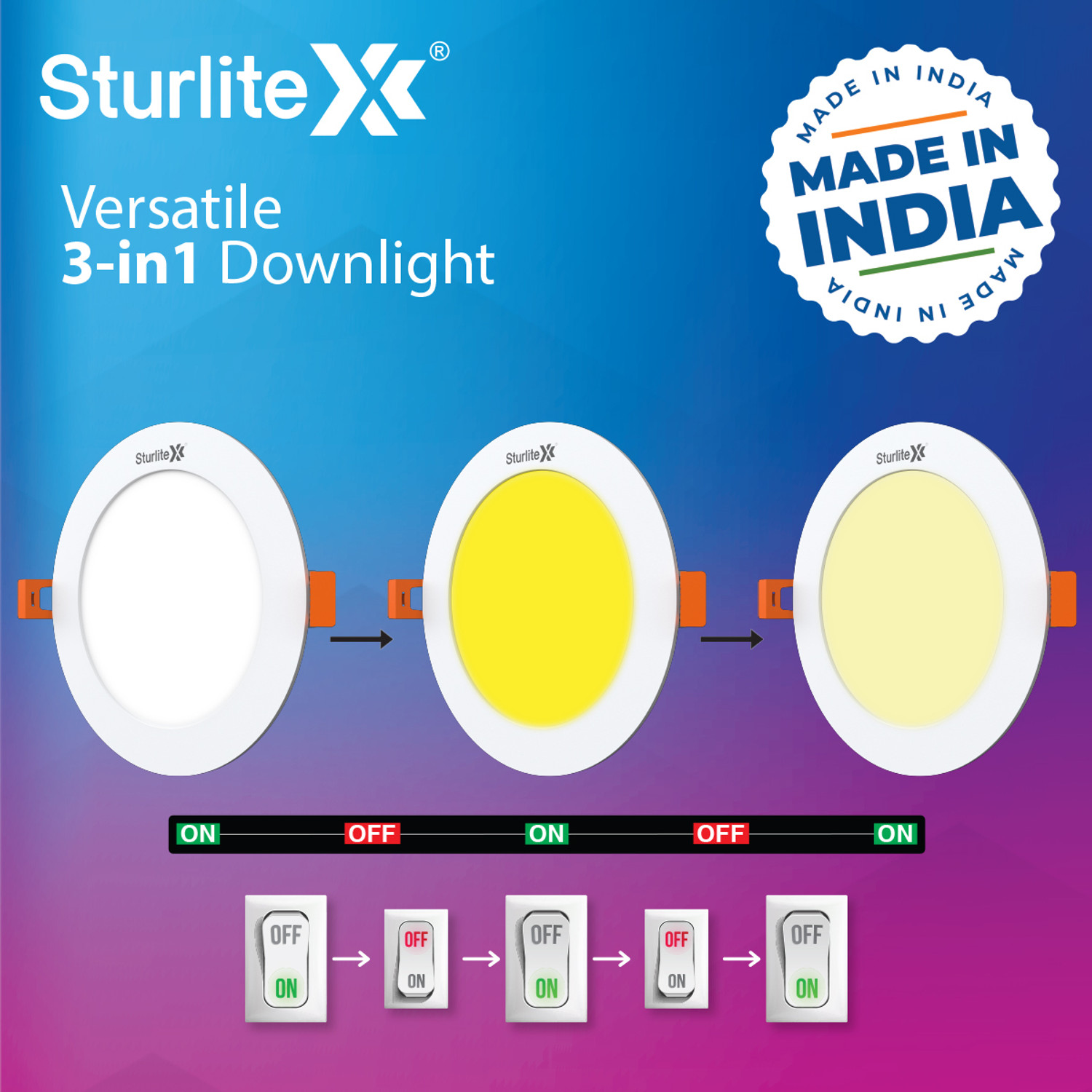 Image of Sturlite Eco LYF 8W (3 in1) Round LED Downlight - (Pack of 2) Ceiling Light Ceiling Lamp