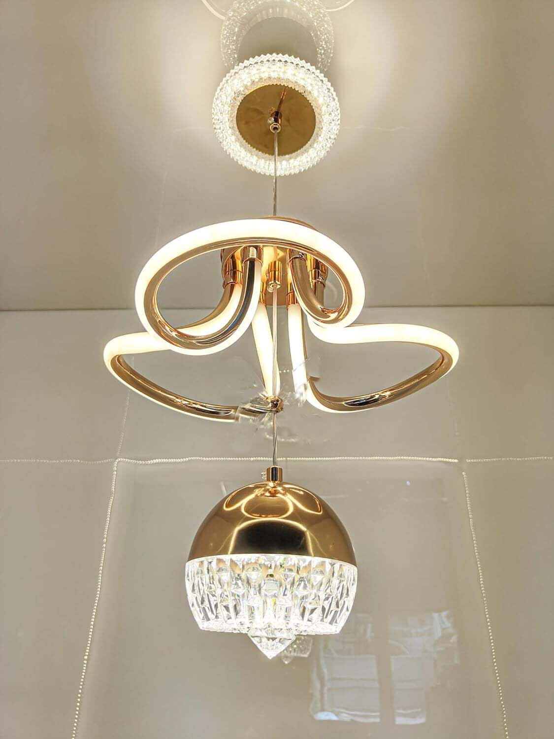 Image of Shri Mahal Antiques Modern LED Chandelier with Crystal Pendant - Dimmable Gold Ceiling Light Chandelier Ceiling Lamp