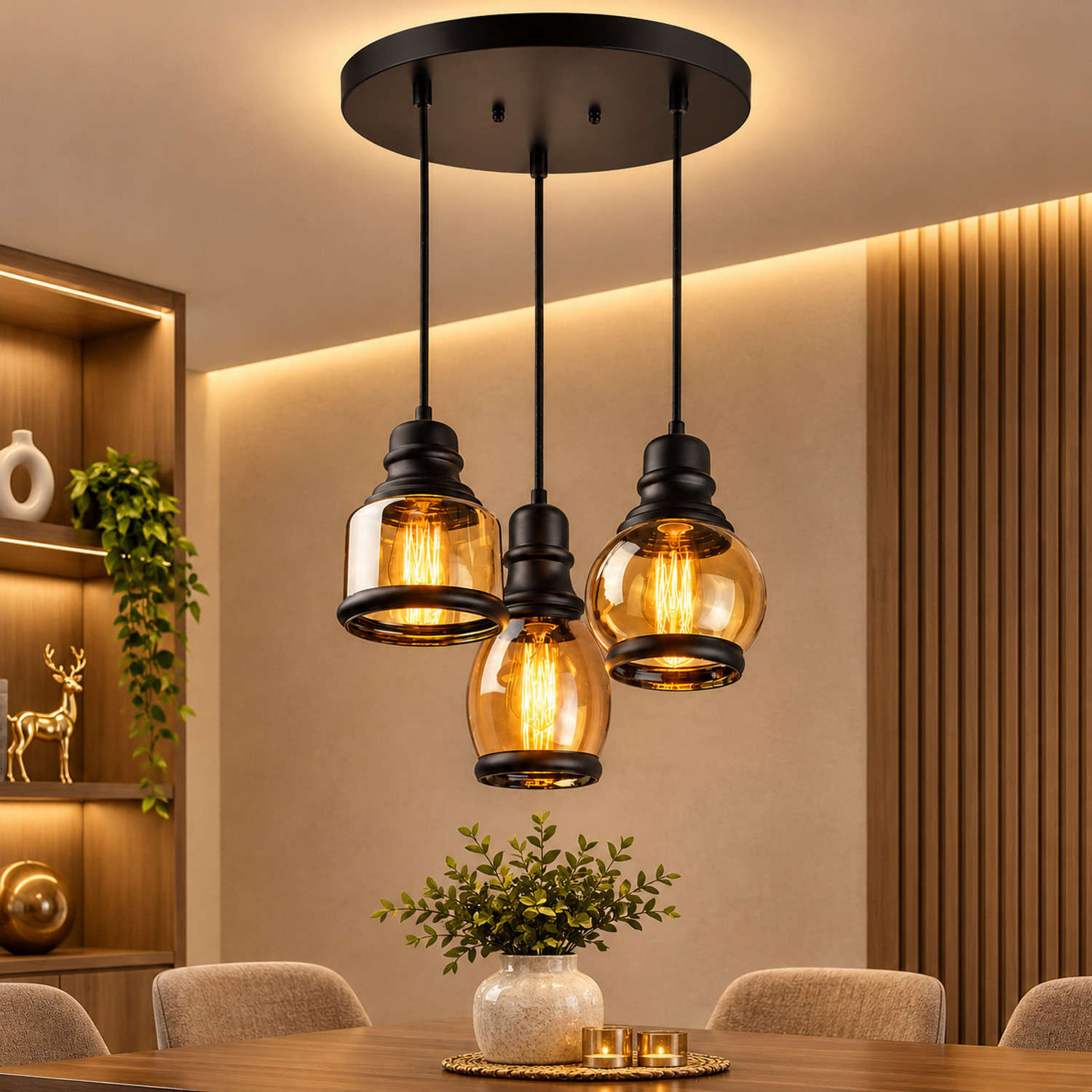 Image of Blissbells 3-Light Glass Pendant Chandelier|Hanging Lamp for Living Room, Dining Room Ceiling Light Ceiling Lamp