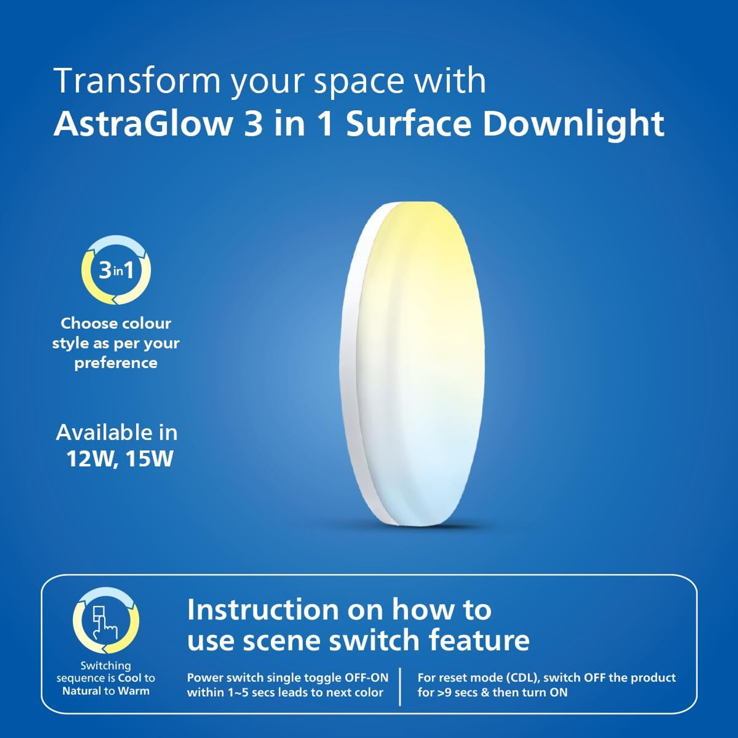 Image of PHILIPS 15W Round AstraGlow Surface DL 3in1 Ceiling Light Ceiling Lamp