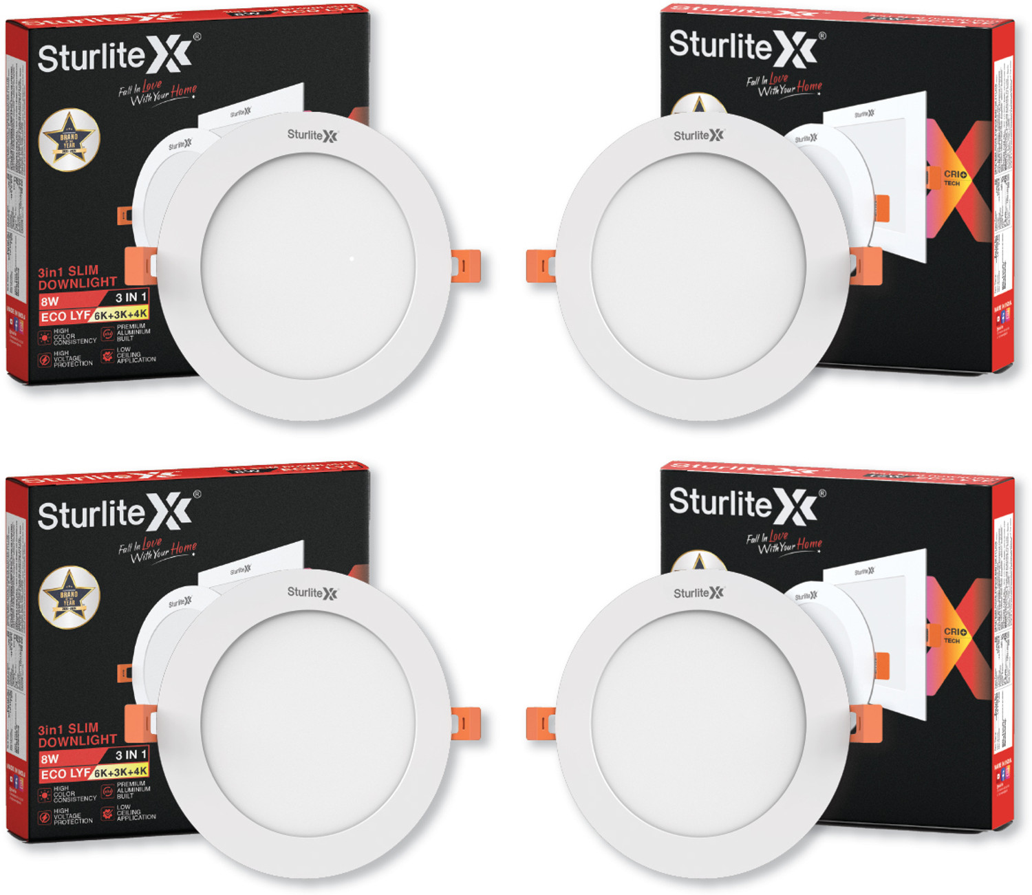 Image of Sturlite Eco LYF 8W (3 in1) Round LED Downlight - (Pack of 4) Ceiling Light Ceiling Lamp (White)