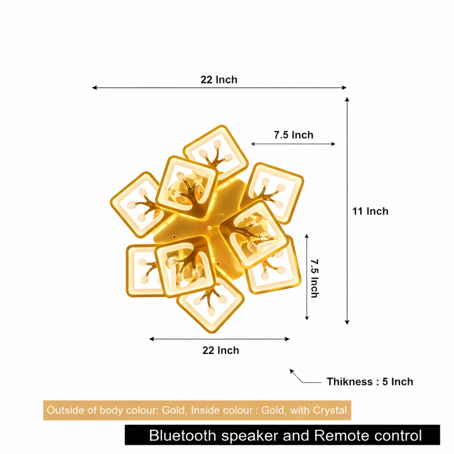 Image of Eve Hanger golden colour 3in1 Color Changing Remote control and Bluetooth speaker inbuilt Chandelier Ceiling Lamp