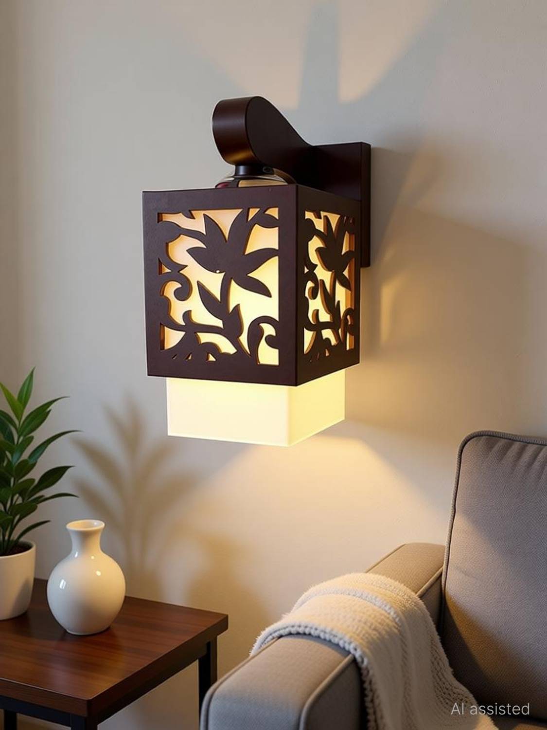 Areezo Leaf Design Wooden Wall Lamp Scone Uplighter Fixture Ceiling Hanging Pendant for Home ,Bedroom ,Living Room,Kitchen ,Hall ,Decoration ( Bulb not Included ) (Wood & PVC Unbreakable Glass ) Pendant Lamp Ceiling Lamp